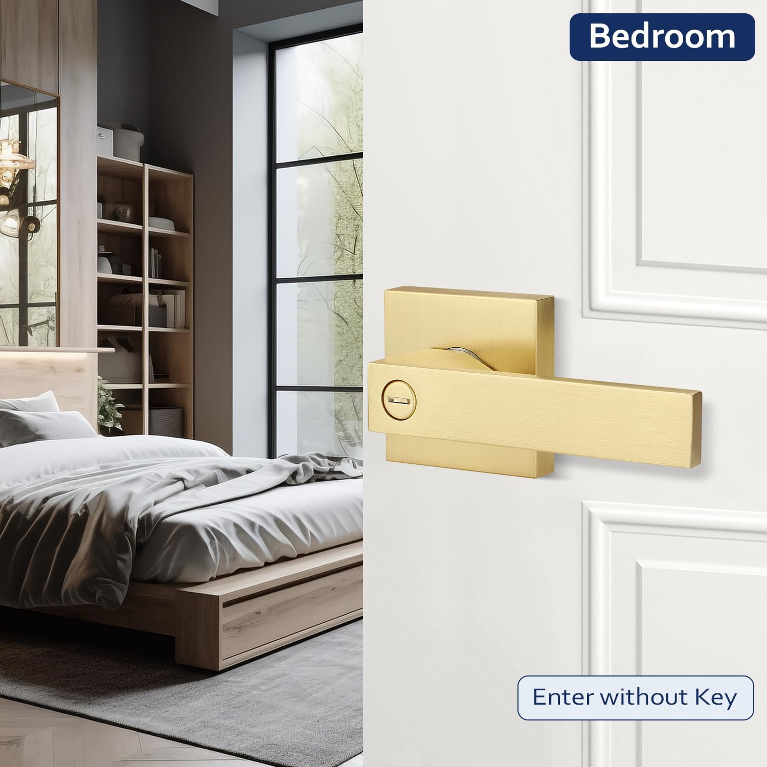 5 Pack Brass Door Handle, Privacy Door Knobs Interior with Lock, Keyless Bathroom/Bedroom Door Knobs, Reversible Door Lever for Left or Right Hand Doors, Modern Square Design