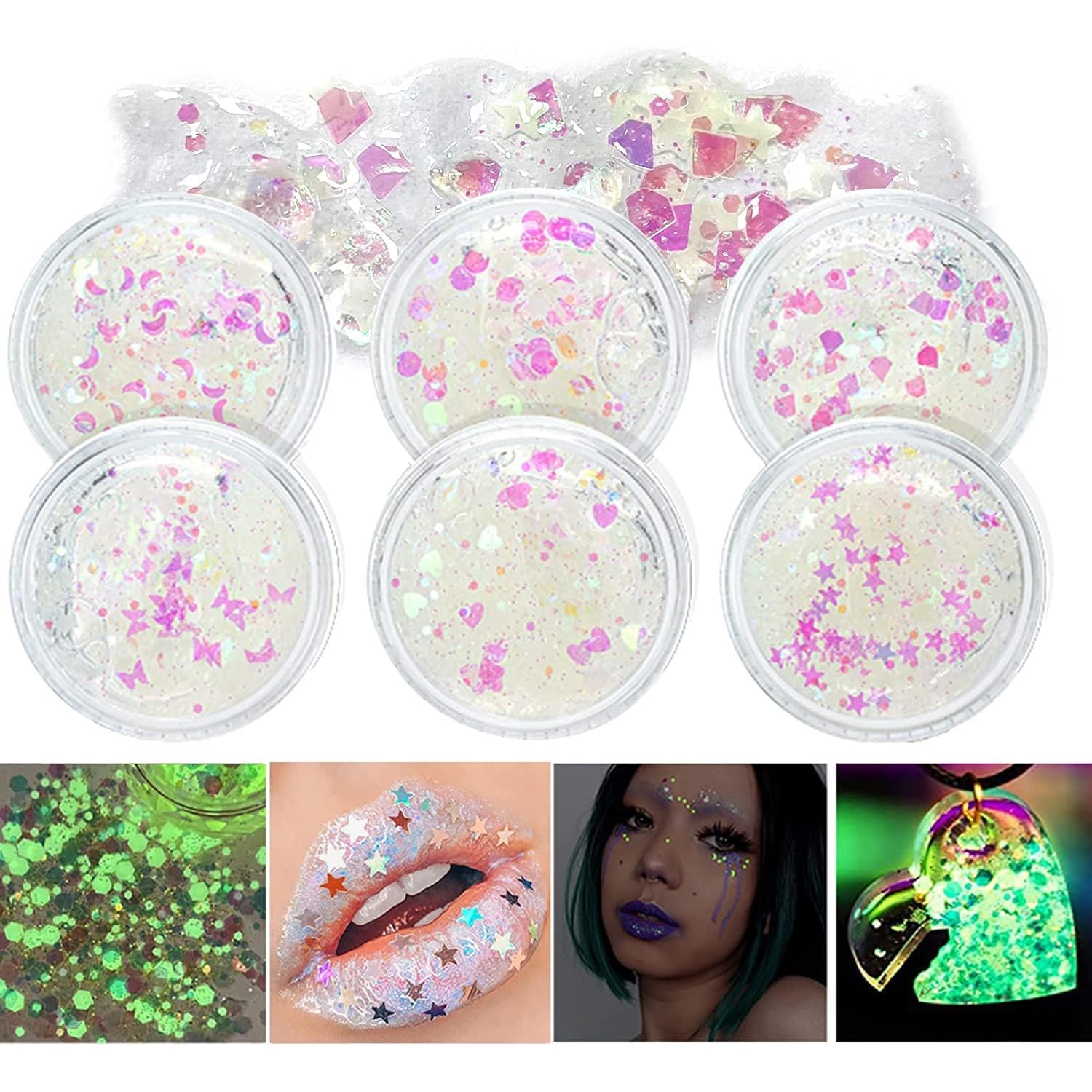 6 Pcs Body Glitter, Holographic Glitter, Gel Liquid for Festival Make Up,Face Glitter Sequins Chunky for Hair and Eye Lip Hair Nail Festival Makeup, Sparkling Body Glitter Gel for Women