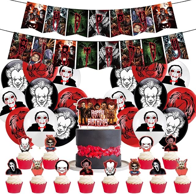 32 Pcs Horror Character Birthday Party Decoration, Horror Classic Movie Character Party Decorations Kit, Include Cake Toppers Happy Birthday Banner, Latex Balloons for Horror Lovers