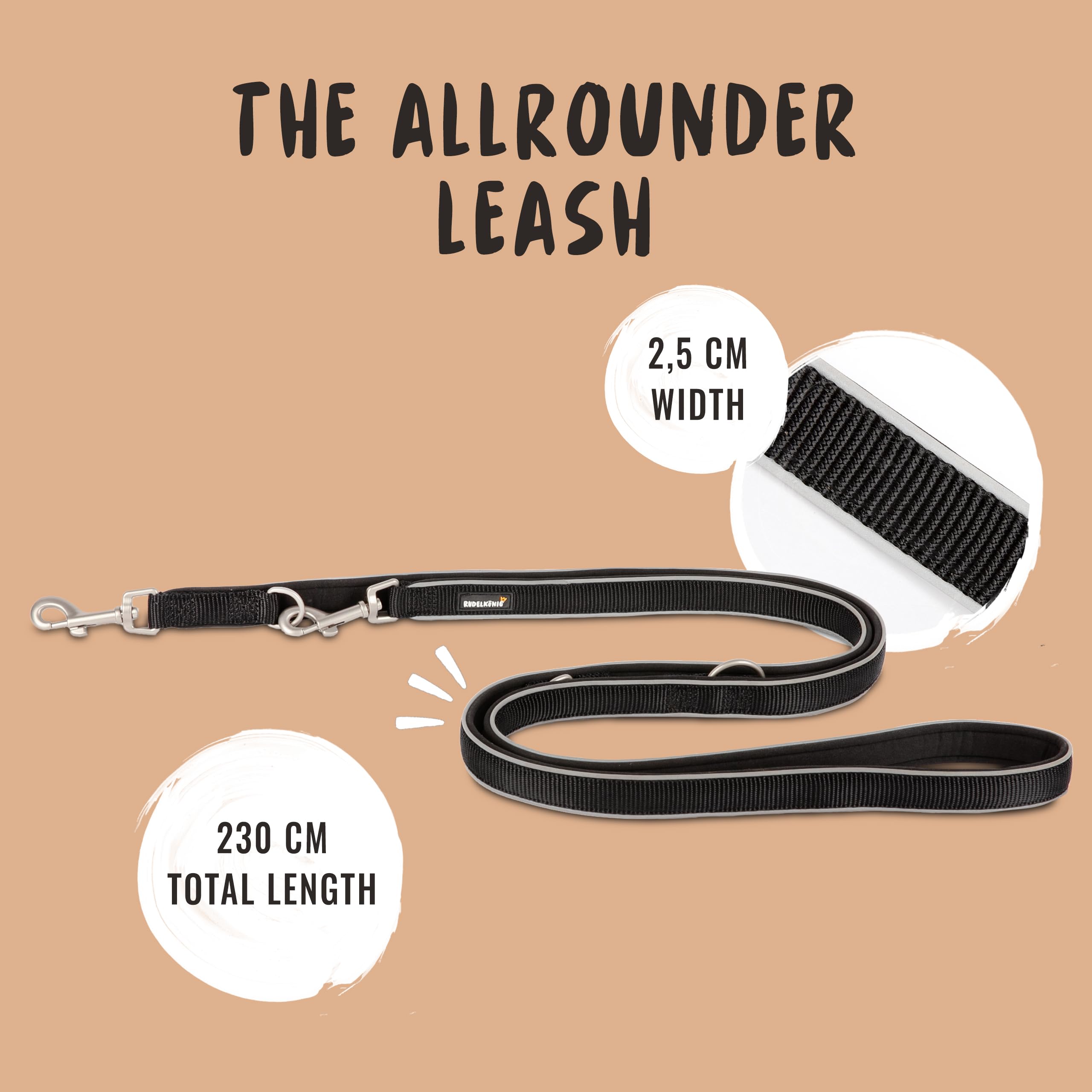 Rudelkönig Guinzaglio addestramento per cani Paola - Lunghezza 2,30m - Guinzaglio per cani regolabile per cani di taglia media & grande in nero