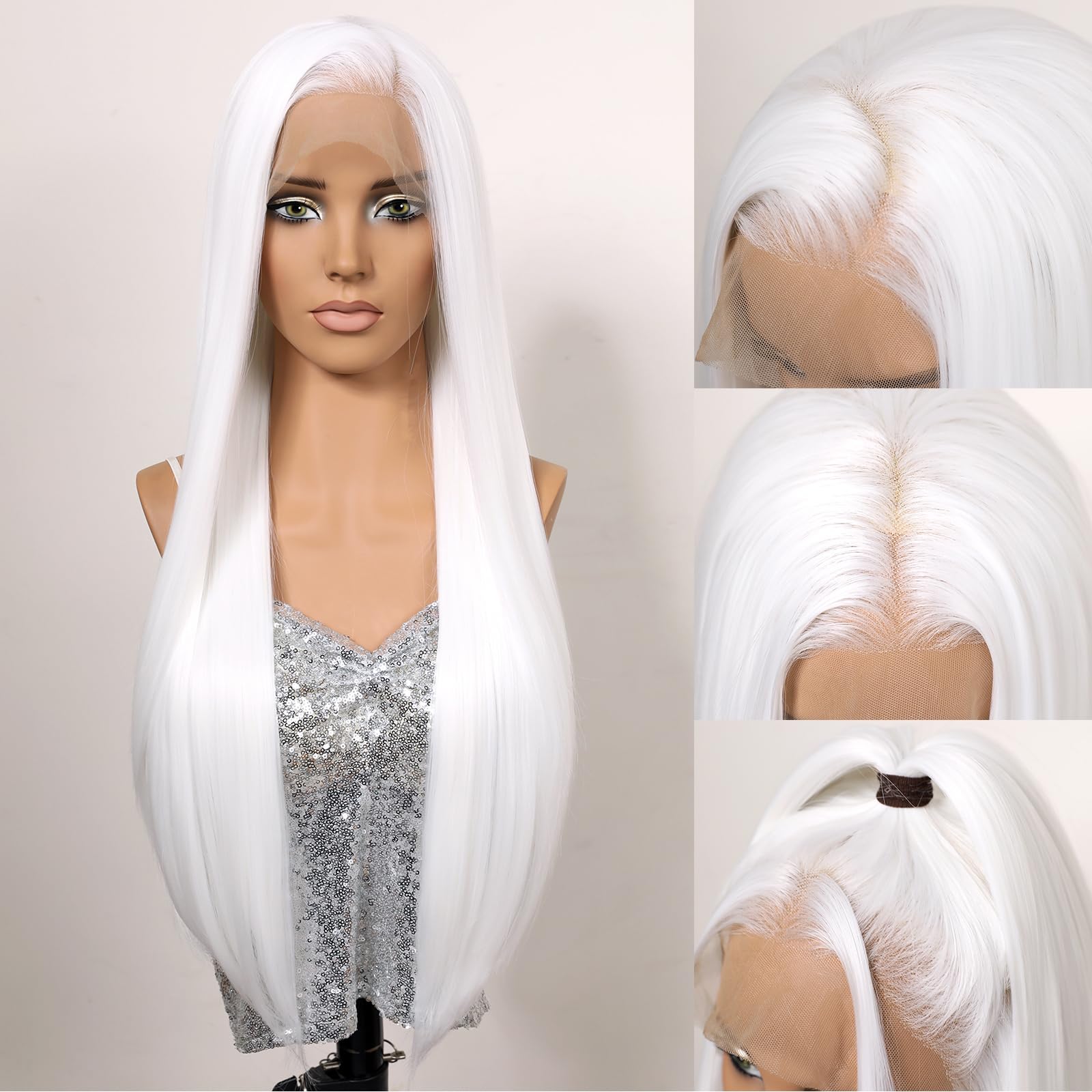 Perruque synthétique blanche avec dentelle frontale - Longue et raide - Blanc neige - Cheveux naturels pré-épilés - Pour femme - Pour le quotidien, les fêtes, le cosplay