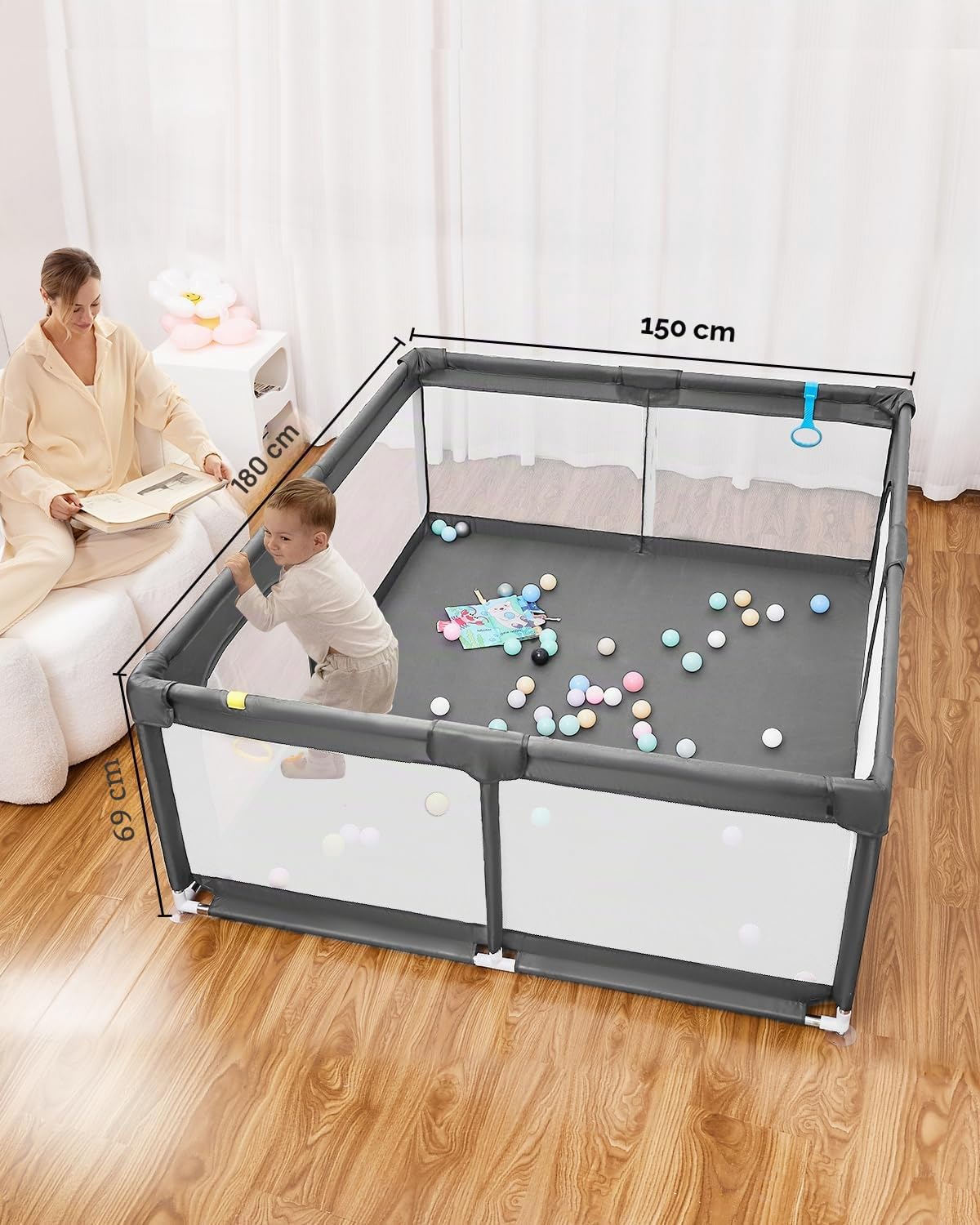 Parc pour bébé – Terrain de jeu extra large pour les tout-petits, aire de jeu sûre pour l'intérieur et l'extérieur avec base antidérapante, assemblage et rangement faciles, sans BPA, (150 x 180 x 66