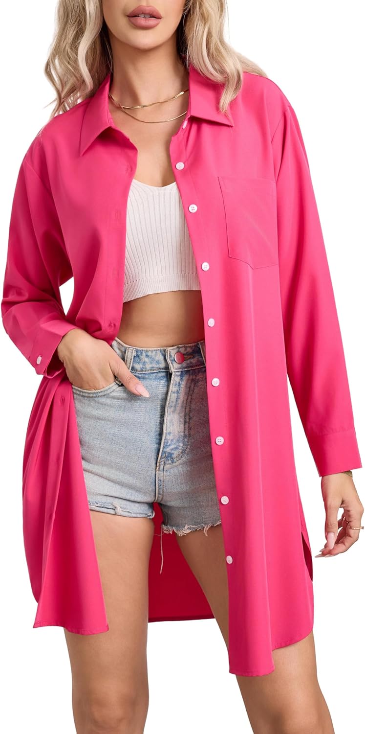 ENMAIN Shirt Dresses for Women Oversized Button Down Dress Long Sleeve Button Up Shirts with Pockets Plus Size Tunic Top
