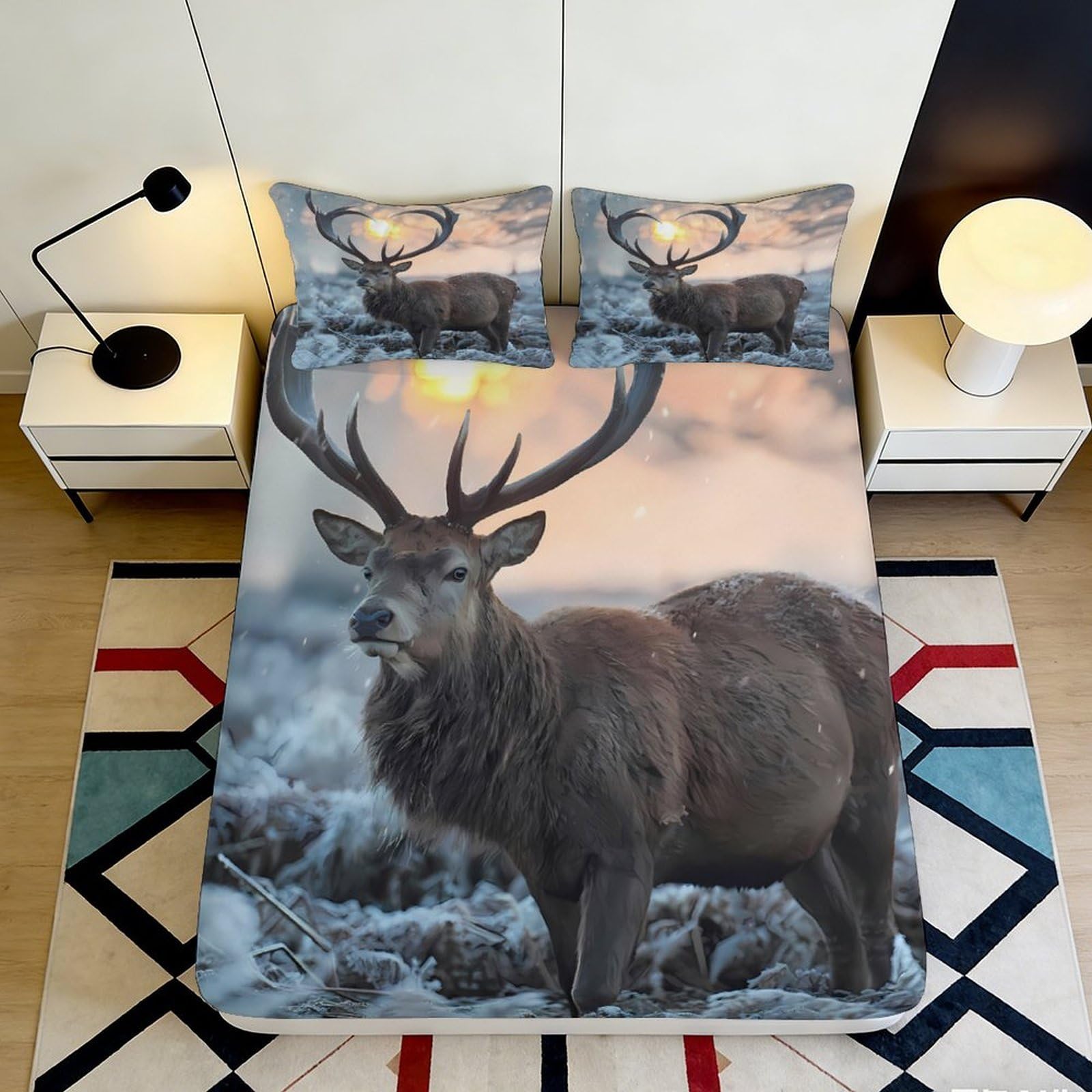 3D Printed Winter Deer Fitted Sheet Microfiber Soft Brown Elk Forest Bed Cover for Bedroom Guest Room Decor 90x200x25cm