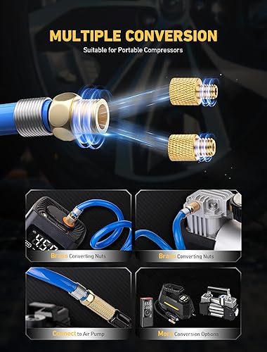 Miniatura 3 de EVOULTES Portabrocas de latón con manguera de aire de retroceso de poliuretano de 9.8 pies, adaptador de manguera de inflador de neumáticos con
