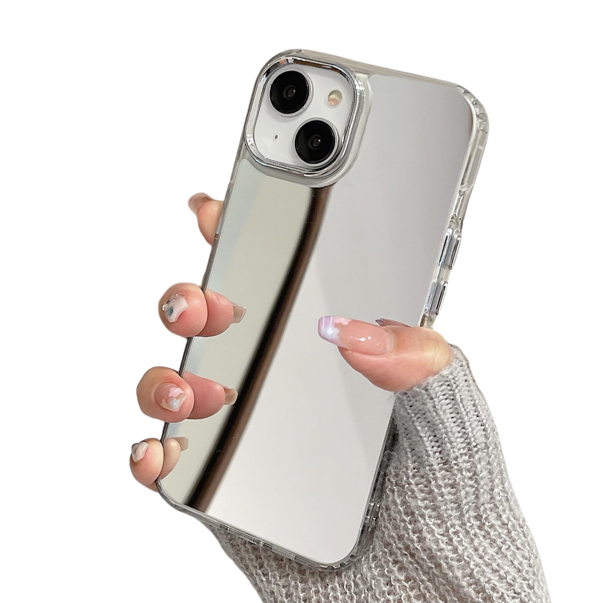 YTanazing for iPhone 15 Plus/iPhone 14 Plus Mirror Case for Women Girls - Cute Glass Glossy Mirror Back Shockproof Hard Case with Clear Soft Silicone