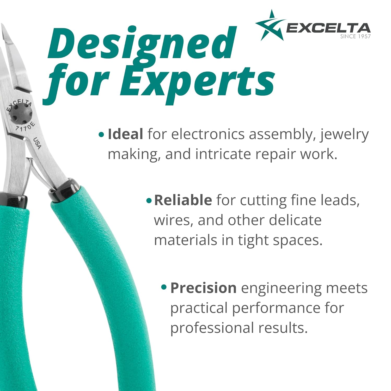 Excelta 7170E Lazer Line Flush Cutter with Long Nose Medium Fine .02” x .02” Tip, Relieved Head & Ergonomic Anti-Static Handle, CNC-Machined Carbon Steel Precision Tool for PCB & SMD Work, Made in USA