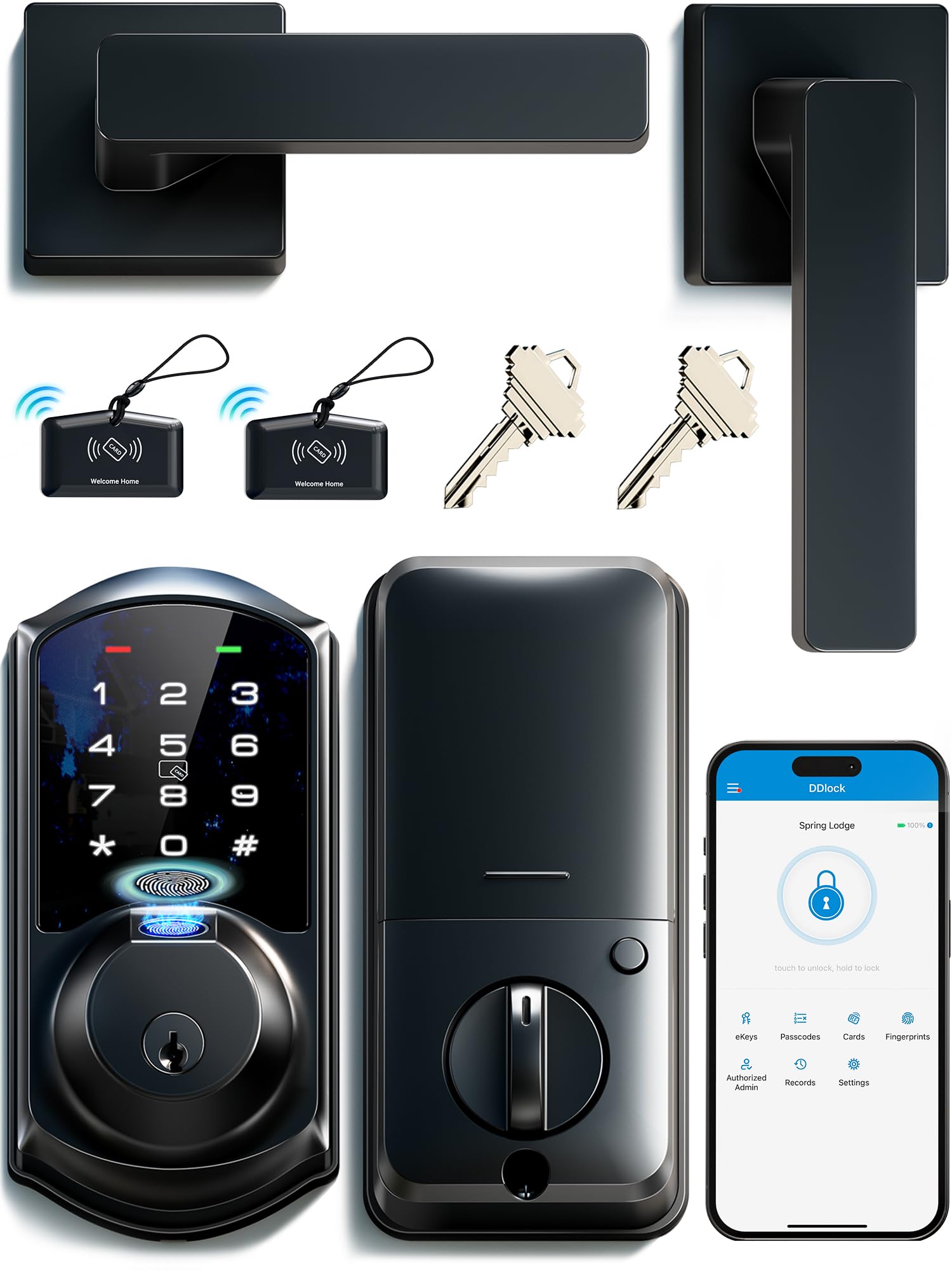 Veise VE07-L Fingerprint Smart Locks for Front Door with 2 Lever Handle Set, App Control, Keyless Entry, Electronic Digital Keypad Deadbolt, Auto Lock, Waterproof, Easy to Install, Matte Black