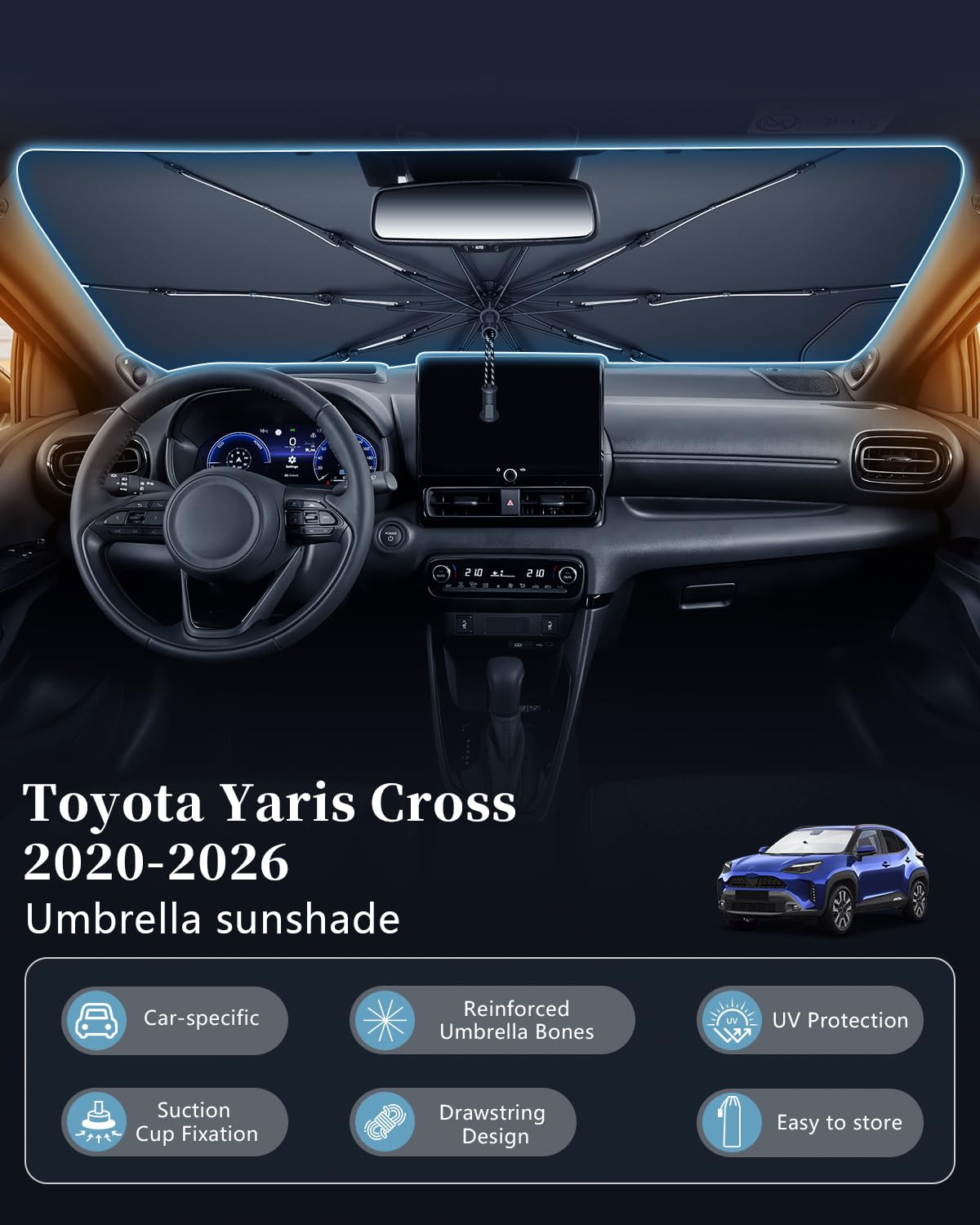 SKTU Parasole Parabrezza per Toyota Yaris Cross 2020-2025 2026 Cordino Design Pieghevole Parasole Protezione UV Protezione per Toyota Yaris Accessori Scheletro in fibra di carbonio