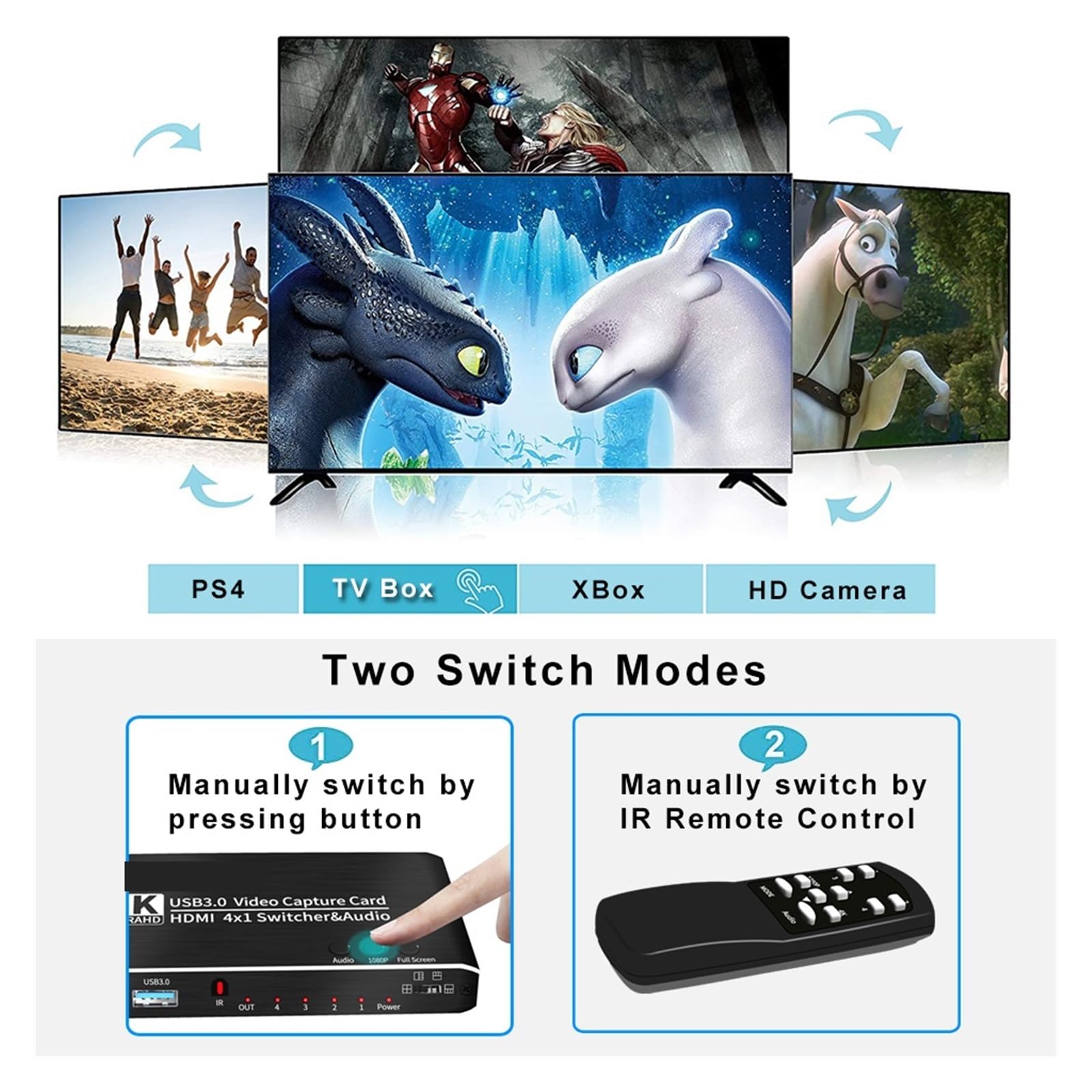 Przełącznik Wideo, Karta przechwytująca wideo 4K z 4 portami i USB 3.0, zgodna z rejestratorem Grabber, płynny przełącznik do nagrywania transmisji strumieniowej na żywo