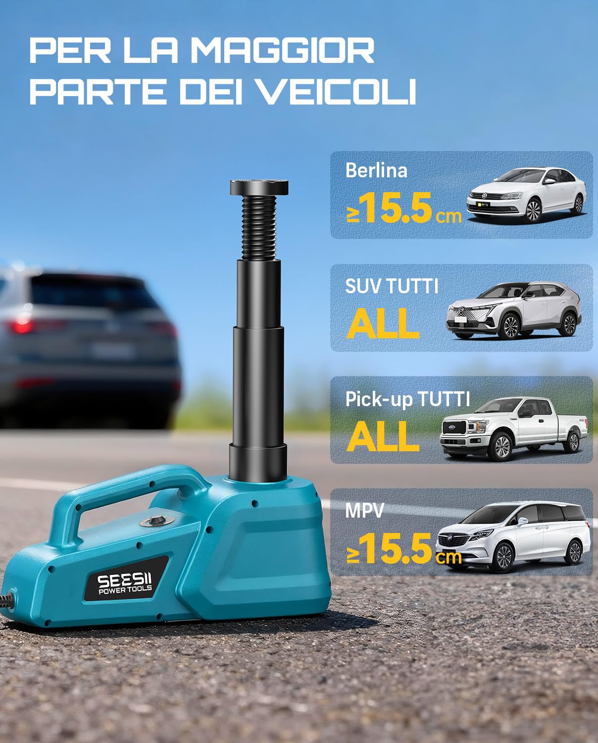 SEESII Cric idraulico per auto: 5 tonnellate 12V Cric Elettrico con telecomando e luce LED, portata di sollevamento di 15,5-45 cm per cambio gomme auto/SUV/camion e riparazione in garage