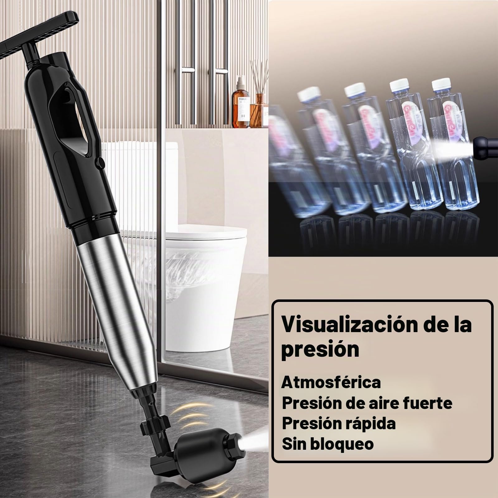 Desatascador Tuberías a Presion con Barómetro y Aire Comprimido, Desatascador WC de Inodoro, 2026 Actualización para Lavabo Bañera Ducha (Negro)