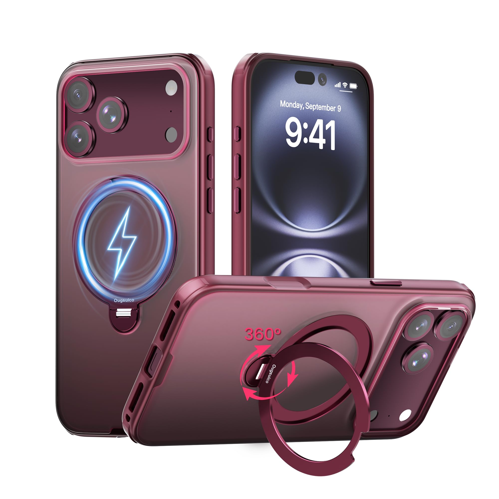 for iPhone 17/18 Pro Max Case with 360° Ring Stand Wine Red