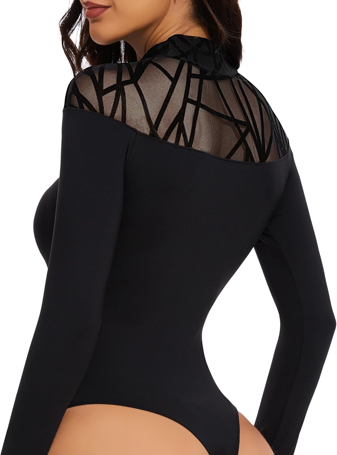 Aranmei Women’s Sexy Mock Turtle Neck Long Sleeve Shirts Sheer Mesh Geo Print Going Out Bodysuit Tops - Image 4