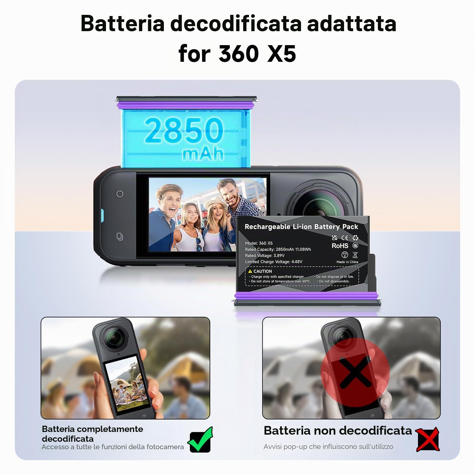 CITYORK Confezione da 3 batterie da 2850 mAh per fotocamera sportiva Insta-360. X5, batteria ricaricabile per Insta-360. Accessori a lunga durata, facile sostituzione [con custodia nera raffinata]