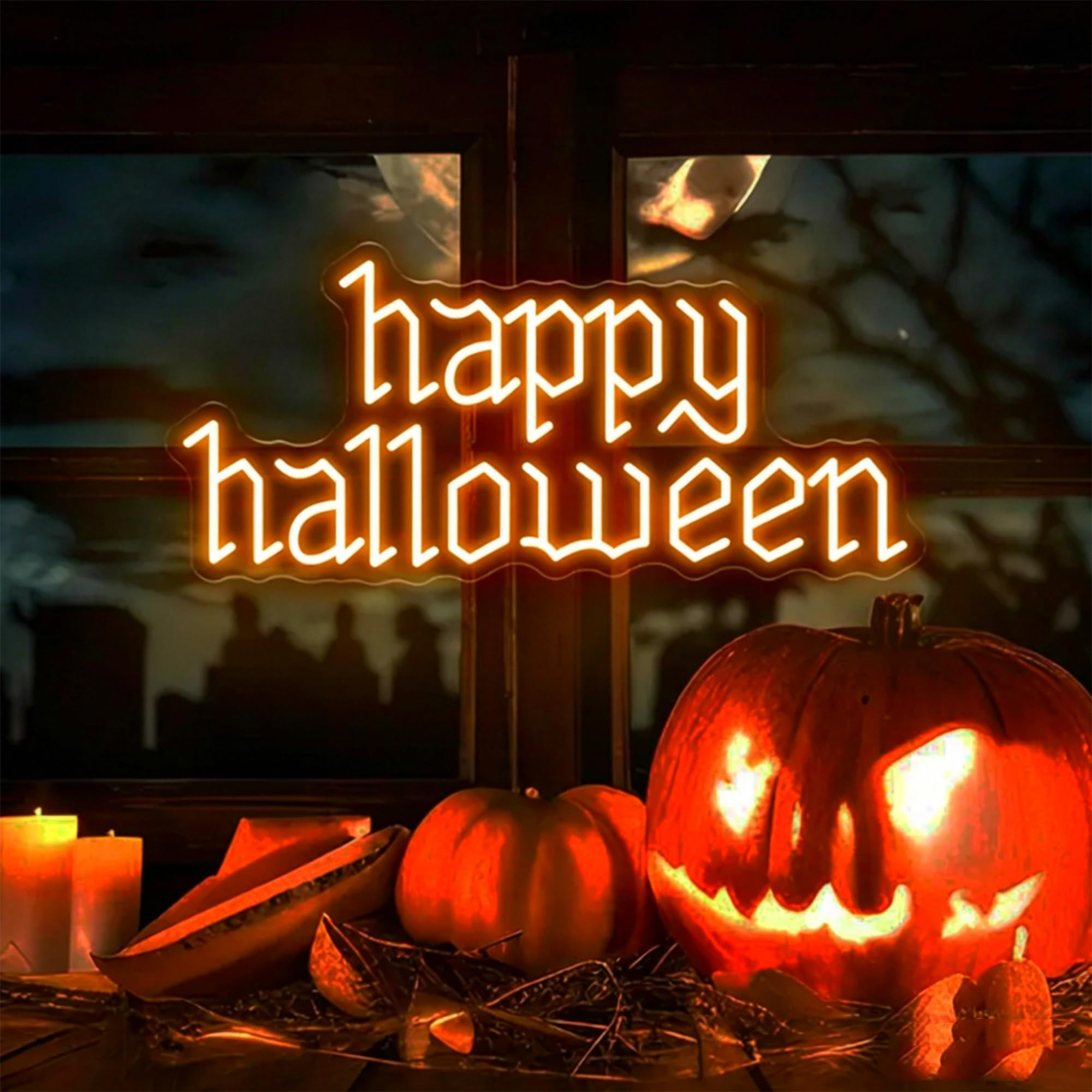 Large Happy Halloween Neon Sign, Custom LED Neon Light with Dimmable Switch and Hanging Chain, Family Spooky Party Wall Art Decor, Holiday Home Decoration, Gift for Halloween Party — image 1