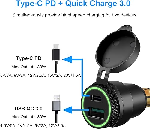 Miniatura 9 de Cllena DIN Hella Plug to Quick Charge 3.0 USB Charger & Type C Power Delivery Adapter for BMW Motorcycle (azul)