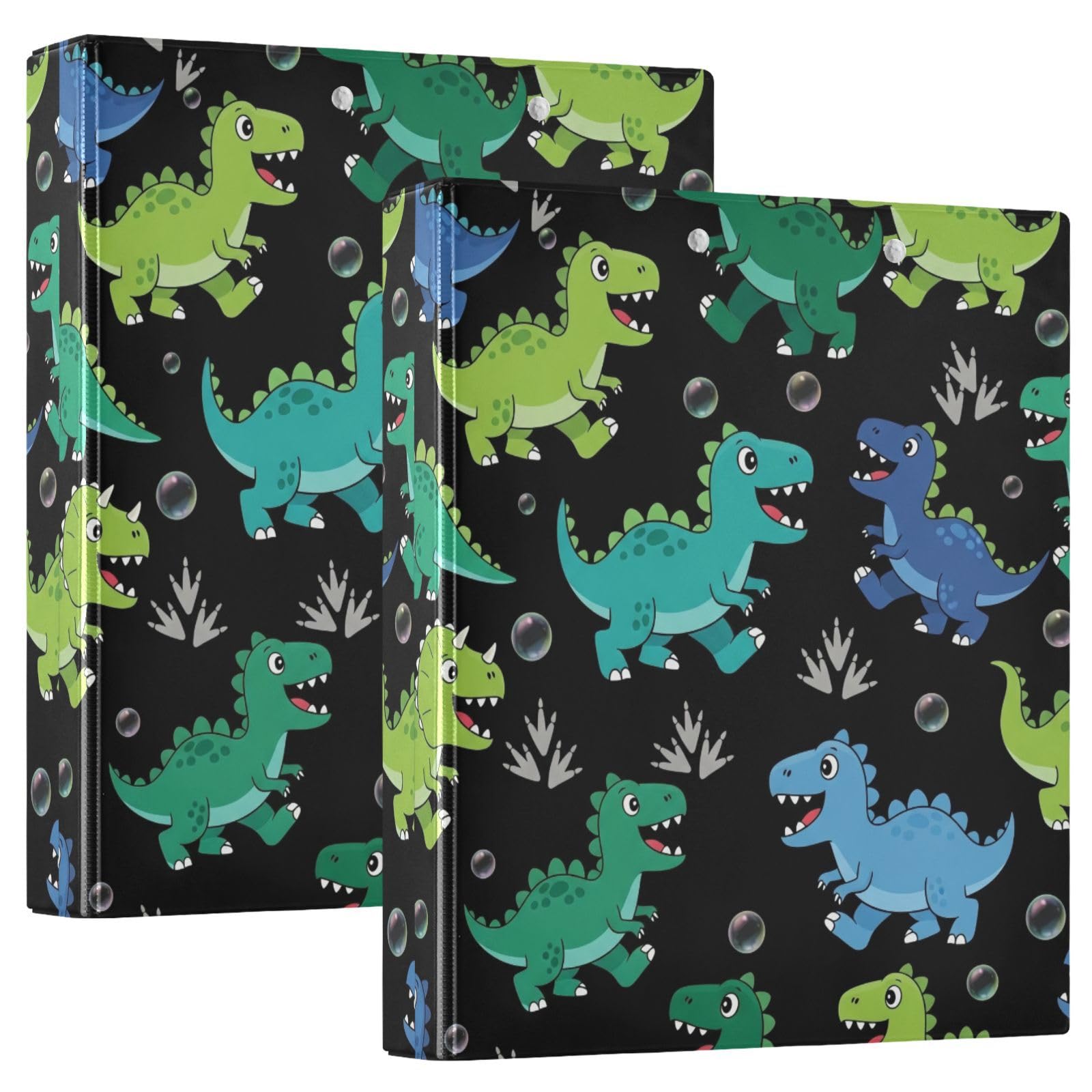 Carpeta negra de 3 anillos de dinosaurios de dibujos animados, 1.5 pulgadas, carpeta de anillos en D, paquete de 2 | Con portapapeles y bolsillos, para escuela, universidad, oficina