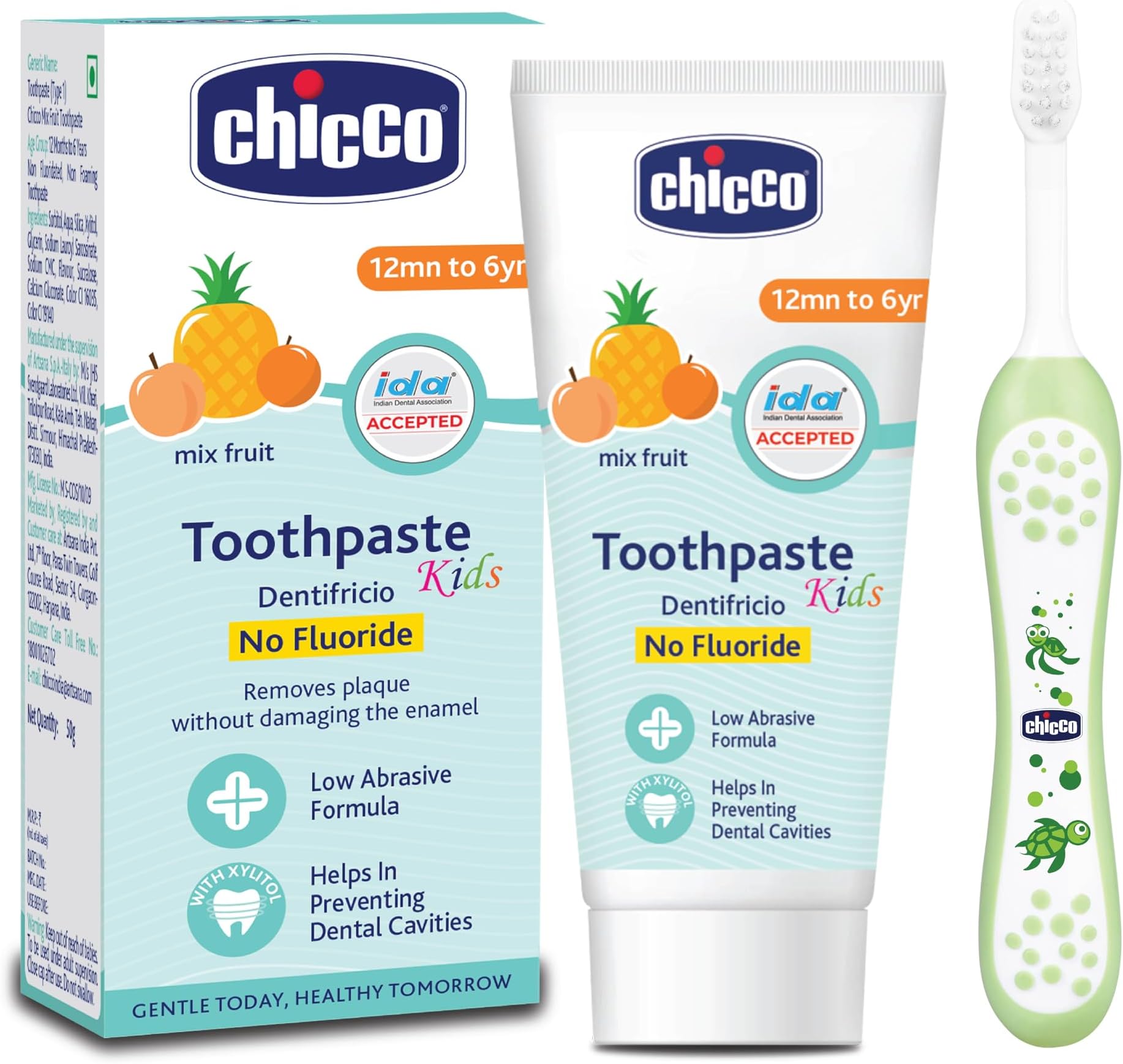 - Toothpaste Mixfruit + Brush Green 6-36M, Cavity Protection