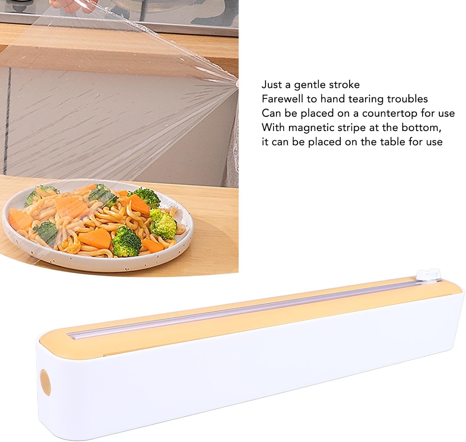 Plastic Wrap Dispenser With Cutter, Reusable Cling Film Dispenser, Adjustable Size, Oil Magnetic Plastic Wrap Dispenser (White and Yellow) image 3