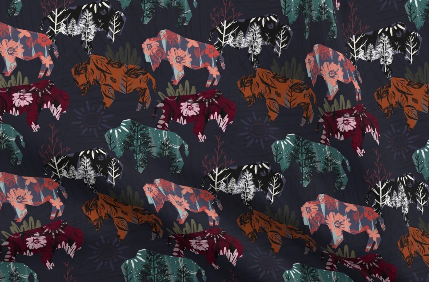 Spoonflower Fabric - Multicolor Bison Wild West Wildlife Plains Floral Patchwork Southwest Printed on Petal Signature Cotton Fabric Fat Quarter - Sewing Quilting Apparel Crafts Decor