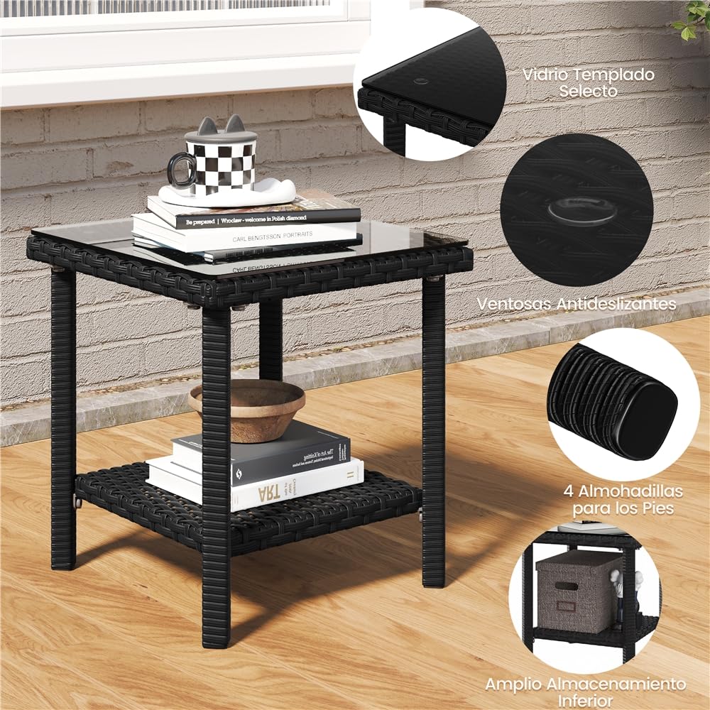 Yaheetech Conjunto de Muebles Ratán de Jardín 5 Piezas con Cojines, 2 Sillones 2 Otomanas y 1 Mesa de Café para Patio, Piscina y Trasero, Color Negro/GIRS Negro/GIRS