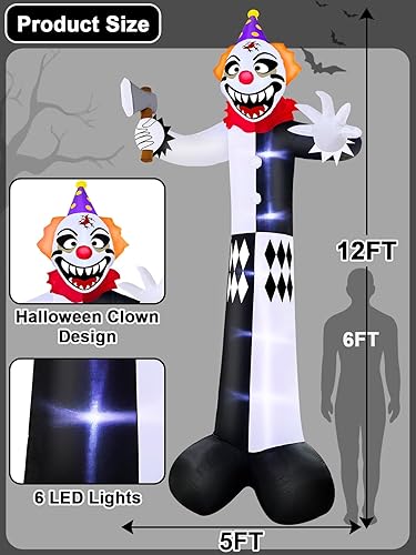 Miniatura 2 de TURNMEON Decoraciones inflables gigantes de Halloween de 12 pies para exteriores, hacha de payaso aterradora, luces LED integradas, inflables de