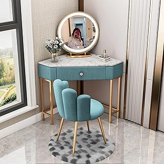 Juego de escritorio esquinero con espejo, mesa de tocador de maquillaje de 5 cajones y taburete, muebles elegantes para dormitorio, tocador compacto de 60 cm, color azul