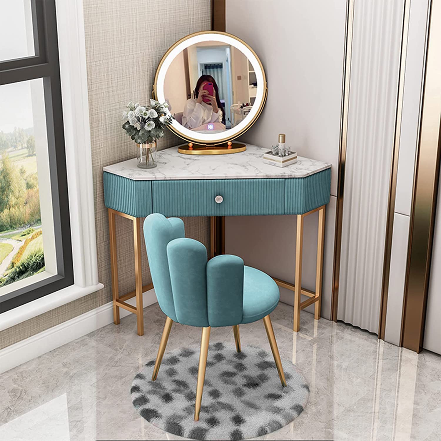 Set da toeletta con specchio, 5 cassetti e sgabello, elegante mobile per camera da letto da donna, 60/70 cm, scrivania per cosmetici e accessori