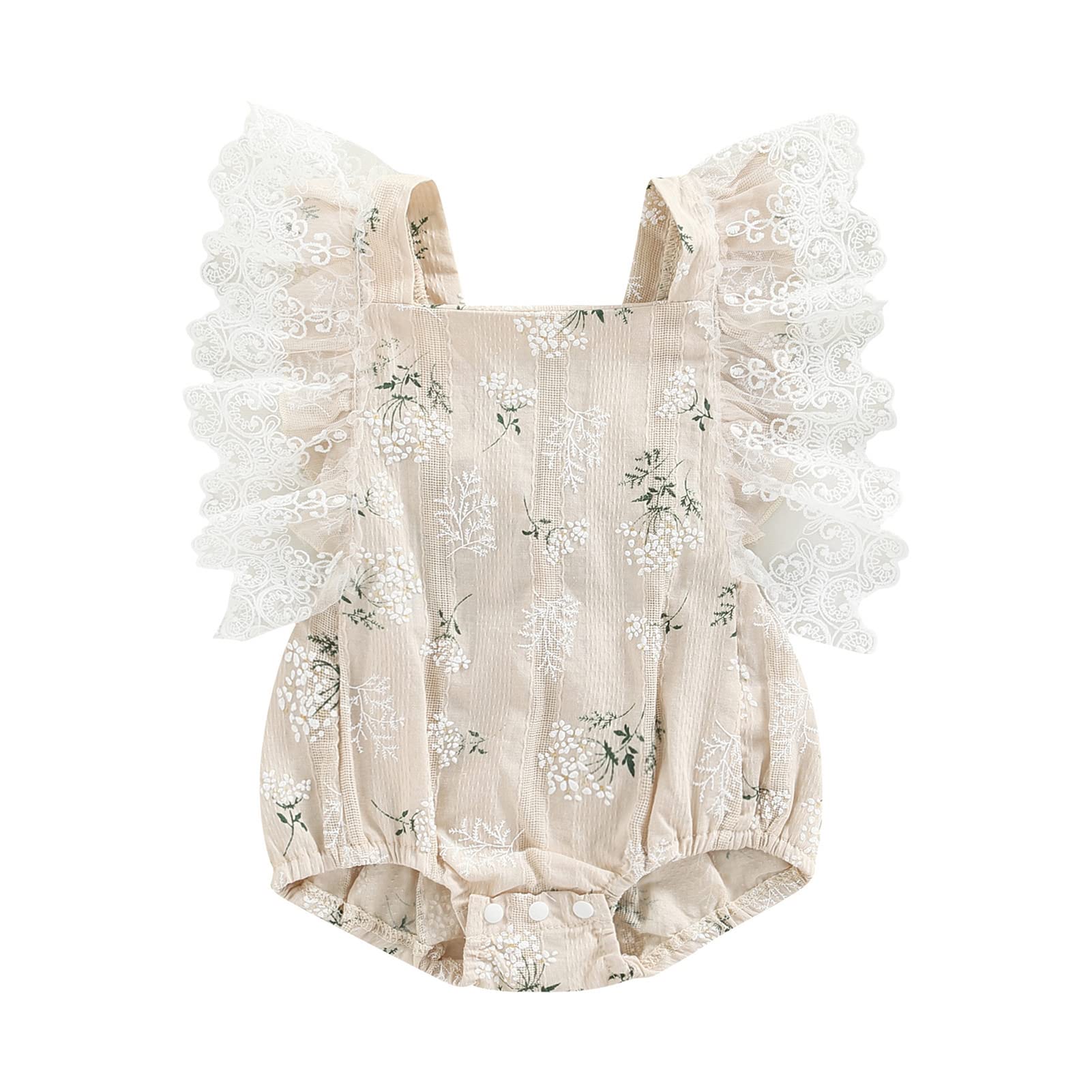 Newborn Baby Girl Clothes Romper Outfit Lace Flutter Sleeve Floral Bodysuit Romper One Piece Outfit Summer Clothes(Light Khaki,0-6 months)