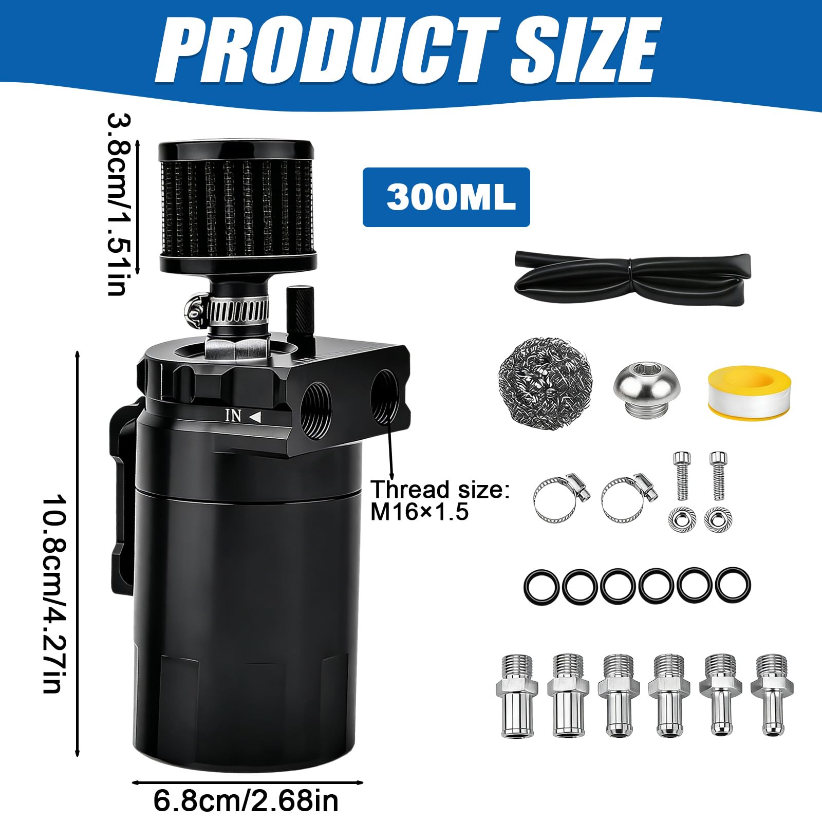 Récupérateur d'huile, 300ml, 21*10,5*10,5cm Réservoir en aluminium universel pour voiture, Kit de réservoir d'huile pour voiture, Réservoir d'huile pour moteurs de voitures, Incl. filtre à air, tuyau