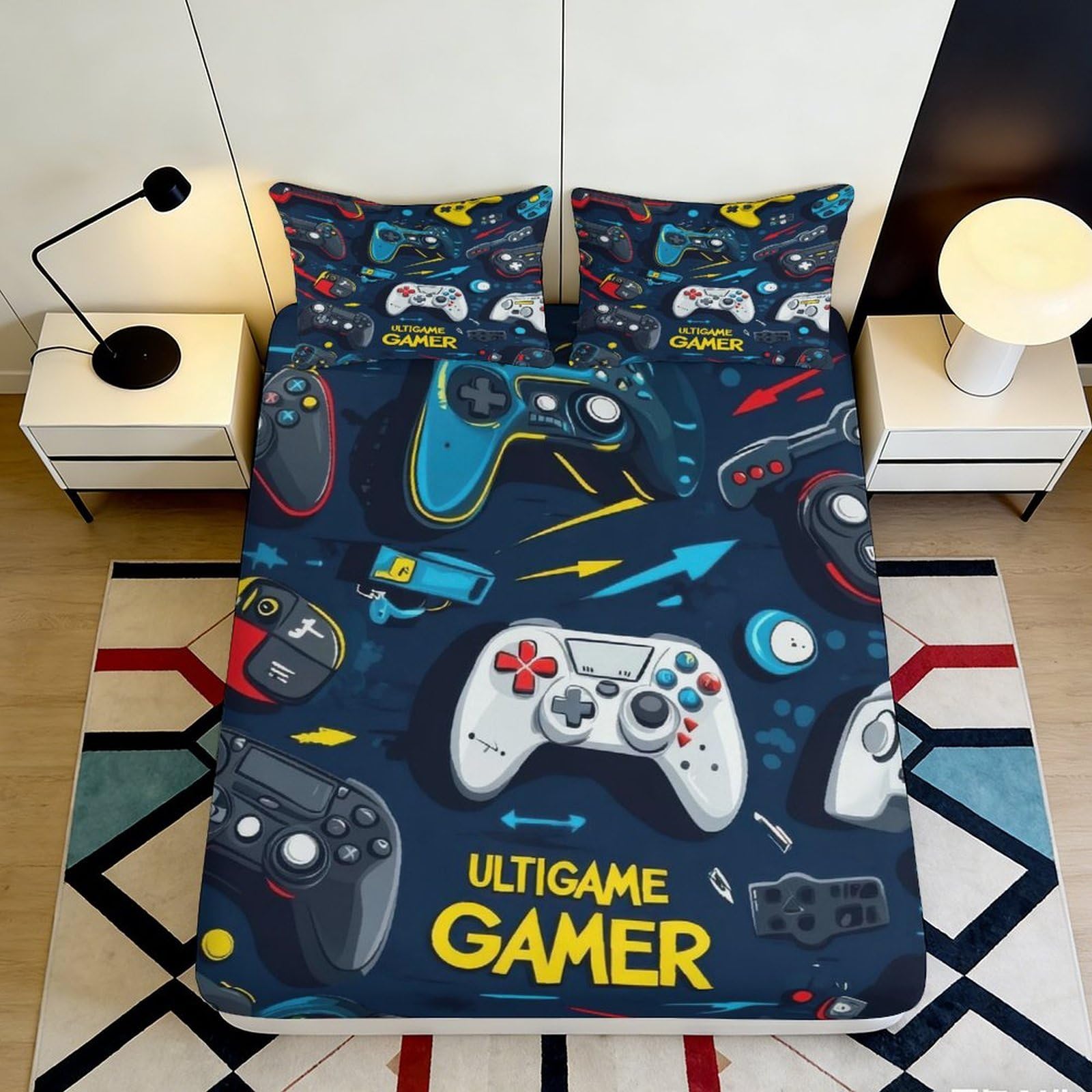 3D Printed Gamepad Graphic Fitted Sheet Microfiber Soft Breathable Controller Pattern Mattress Cover for Bedroom Dorm Bed Decor 90x200x25cm