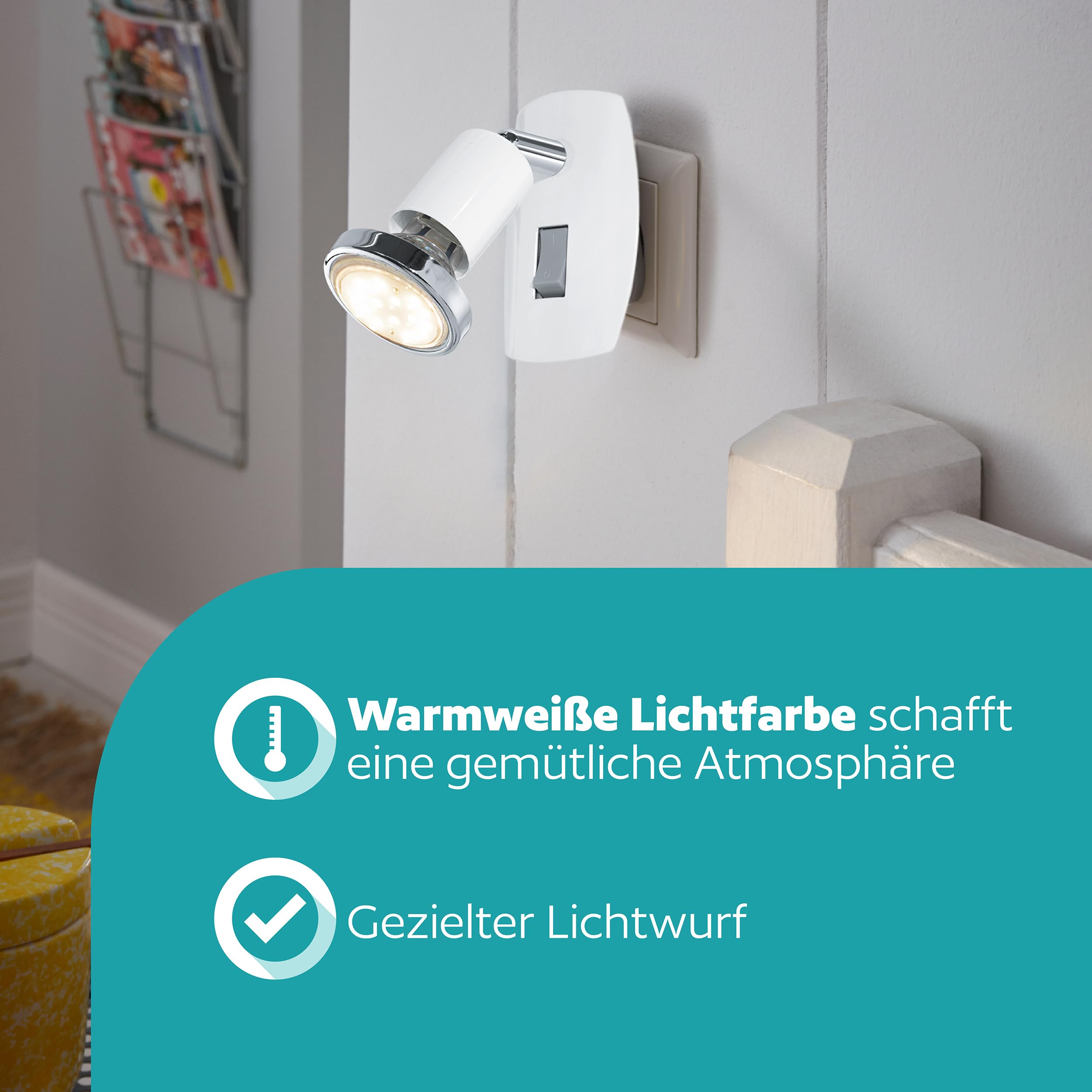 EGLO LED Steckdosenspot Mini, Steckdosenlampe mit Schalter, Leuchte Steckdose schwenkbar, Stahl in Weiß und Chrom, Fassung: GU10, inkl. Schalter