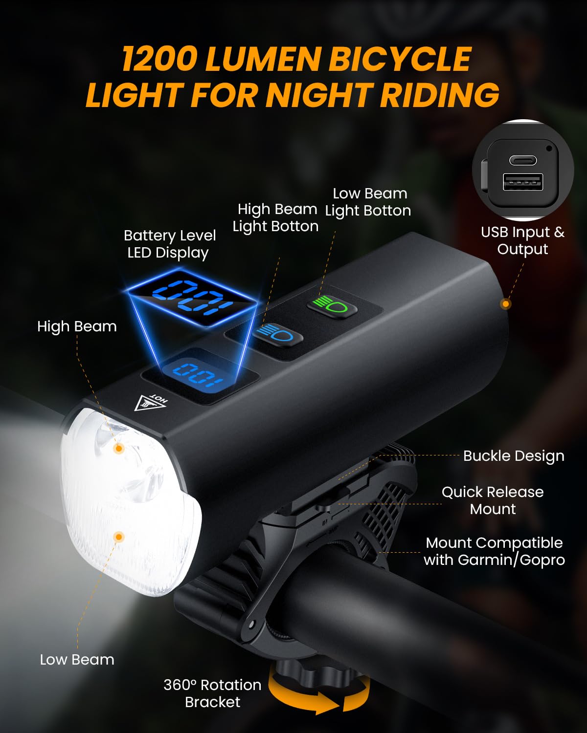 ONVIAN Luces de bicicleta para montar en la noche, faro delantero recargable para bicicleta con 1200 lúmenes, luz impermeable IPX5 de aleación de aluminio para bicicleta
