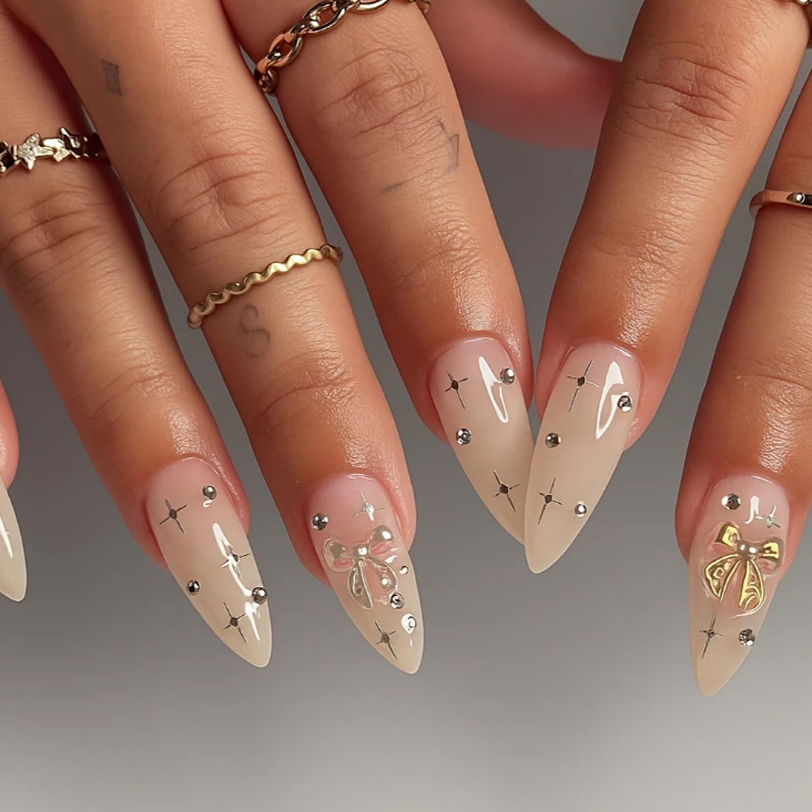 Transparent Pink Almond False Nails with Silver Rhinestones & Star Patterns