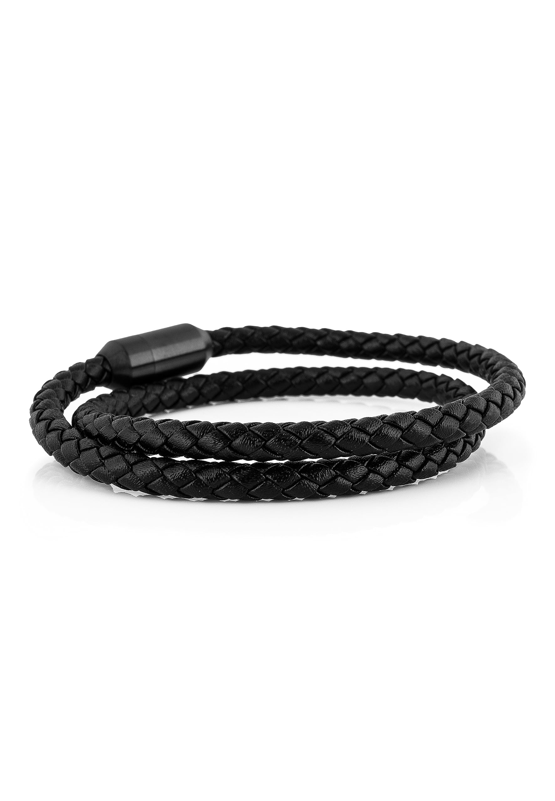 Akitsune Suprema Magnetisches Lederarmband | Armschmuck Damen Herren Edelstahl Doppelt Gewickelt Armband Mattschwarz