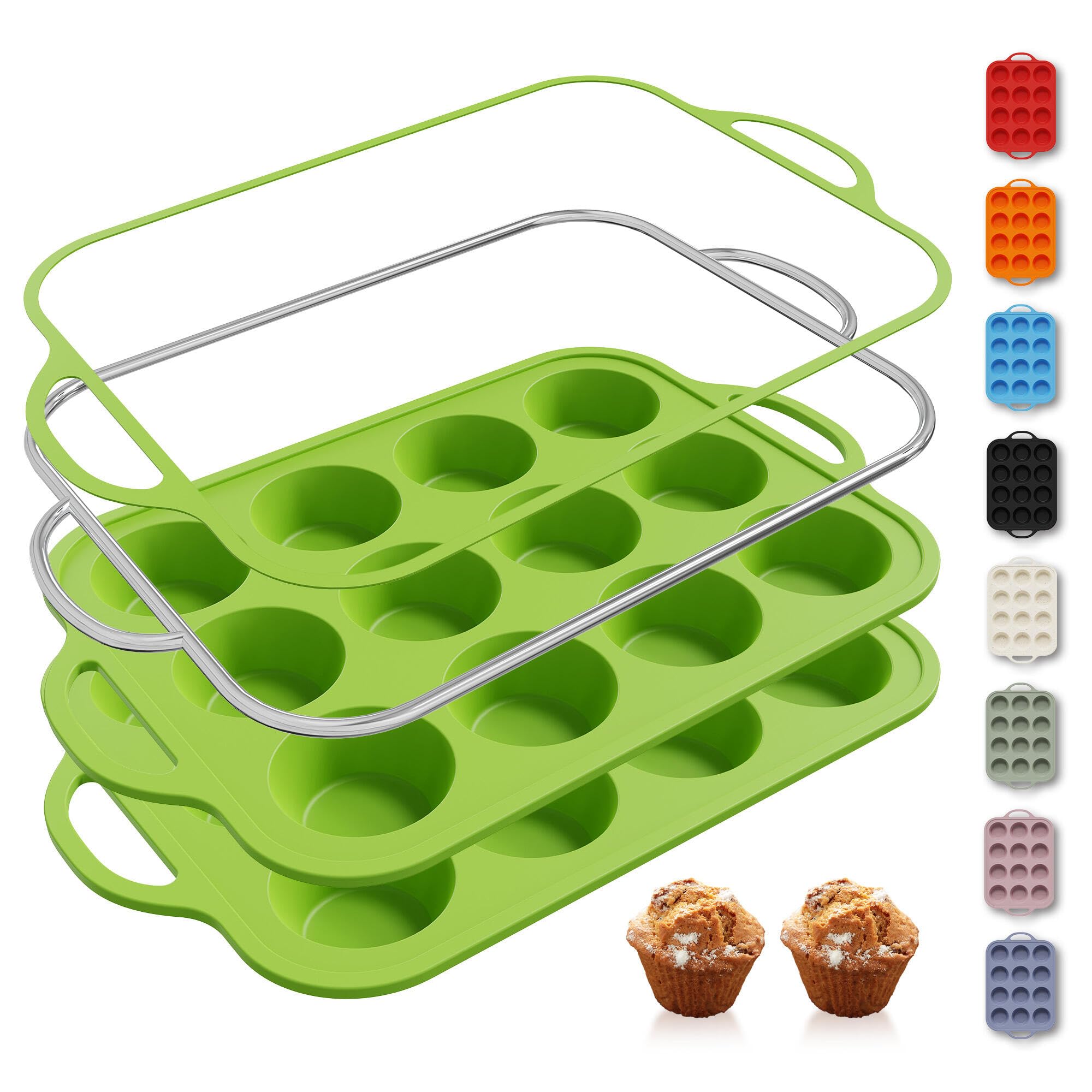 2 Packs 12 Cups Silicone Muffin Pan with Metal Reinforced Frame Regular Size Cupcake Pan Tray Egg Bites Silicone Circle Cookie Molds Muffin Tin Tart