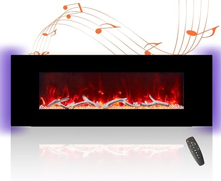 50 Inch Electric Fireplace with Music Speakers Wall Mounted Low Noise Ultra-Thin Linear Fireplace Adjustable 8 Flame Colors, Control by Button and Remote, 8h Timer No-Recessed