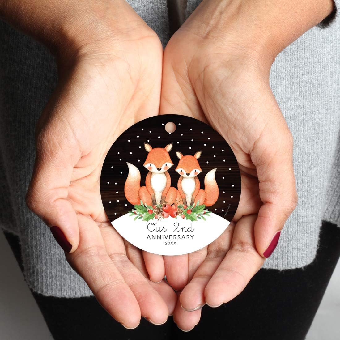 Andaz Press Custom Year Metal Christmas Ornament, Our 2nd Anniversary 2024, Watercolor Fox in Snow, 1-Pack, Includes Ribbon and Gift Bag