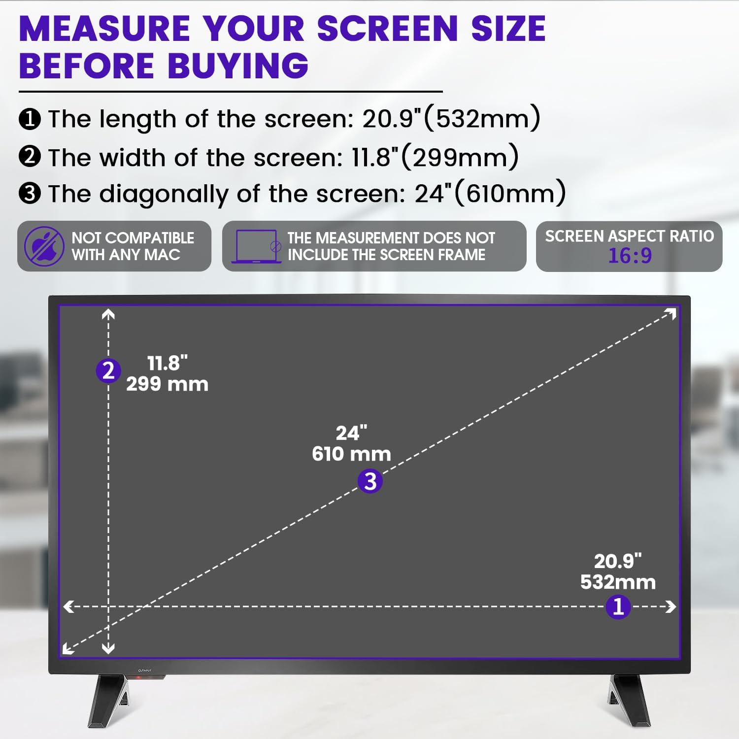 F FORITO 24 inch 16:9 Anti Blue Light Matte TV Screen Protector, Eye Protection Anti Glare Computer Screen Cover Compatible with 24" TV Screen (20.94" W x 11.77" H)