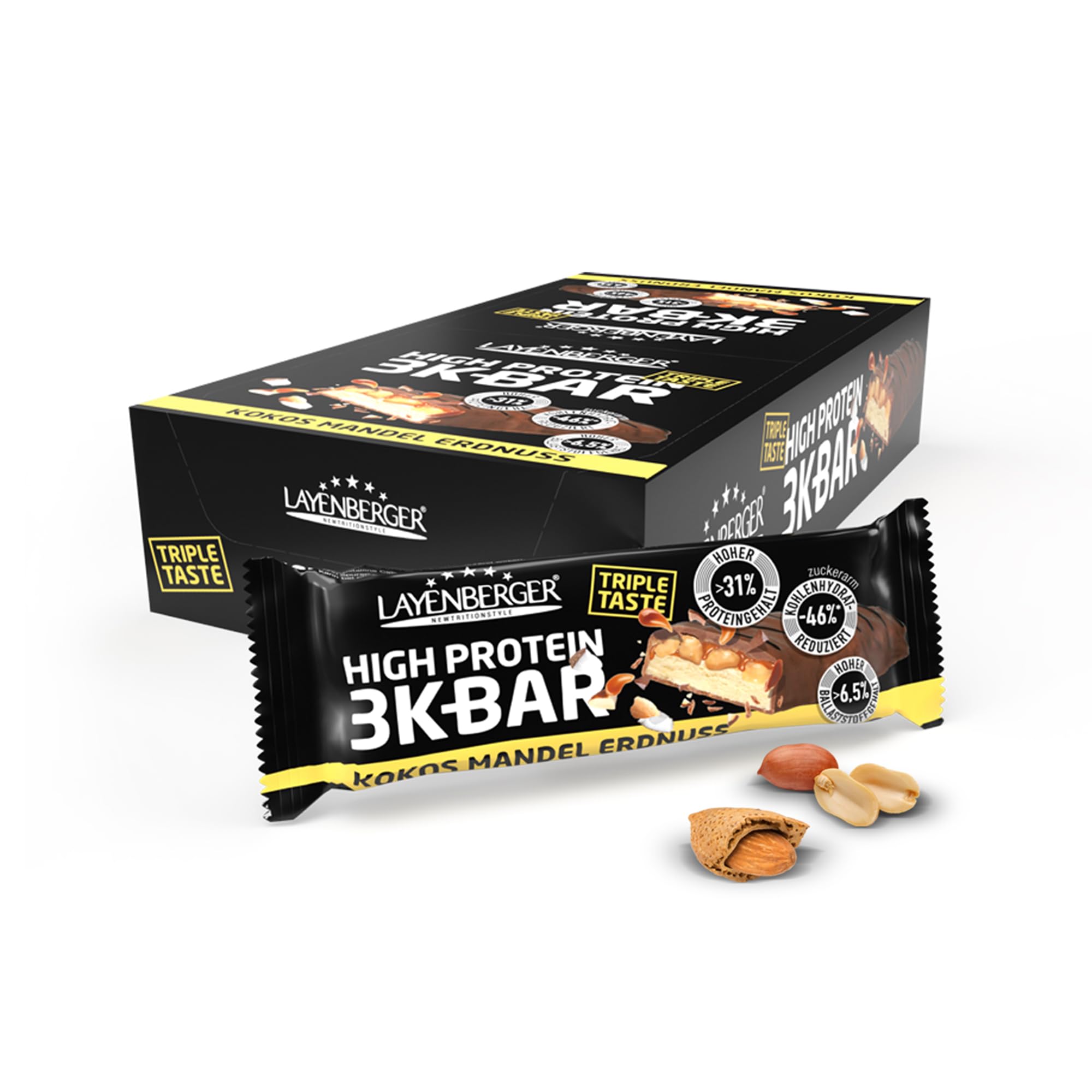 Layenberger 3K BAR Triple Taste Kokos Mandel Erdnuss (21x45 g) | High Protein Riegel, viel Eiweiß, wenig Kohlenhydrate, insgesamt 945 g