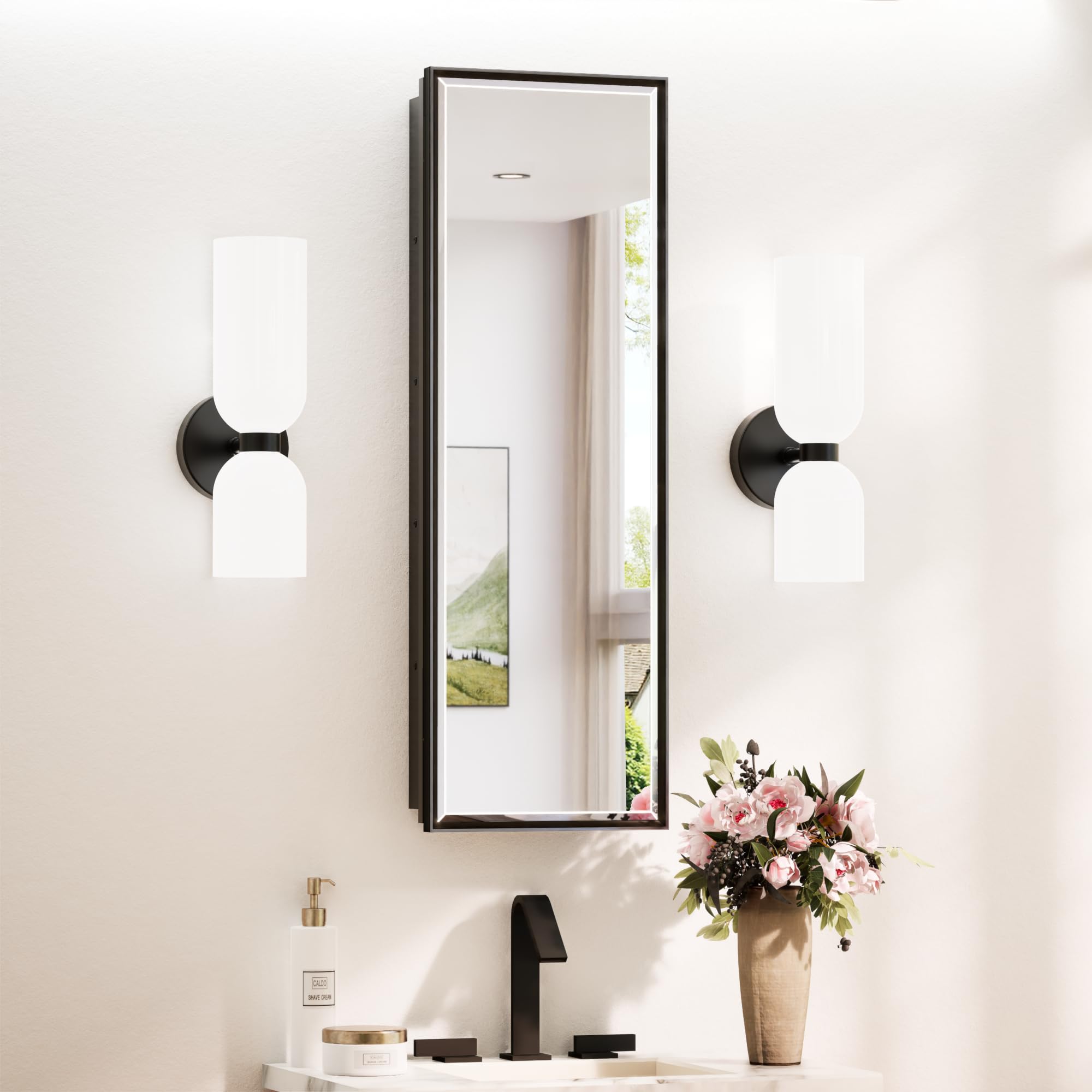 TokeShimi 12x36 Recessed Medicine Cabinet with Mirror Surface Mount, Aluminum Framed Metal Black Medicine Cabinet Mirrored, Bathroom Beveled Mirror with Storage Adjustable