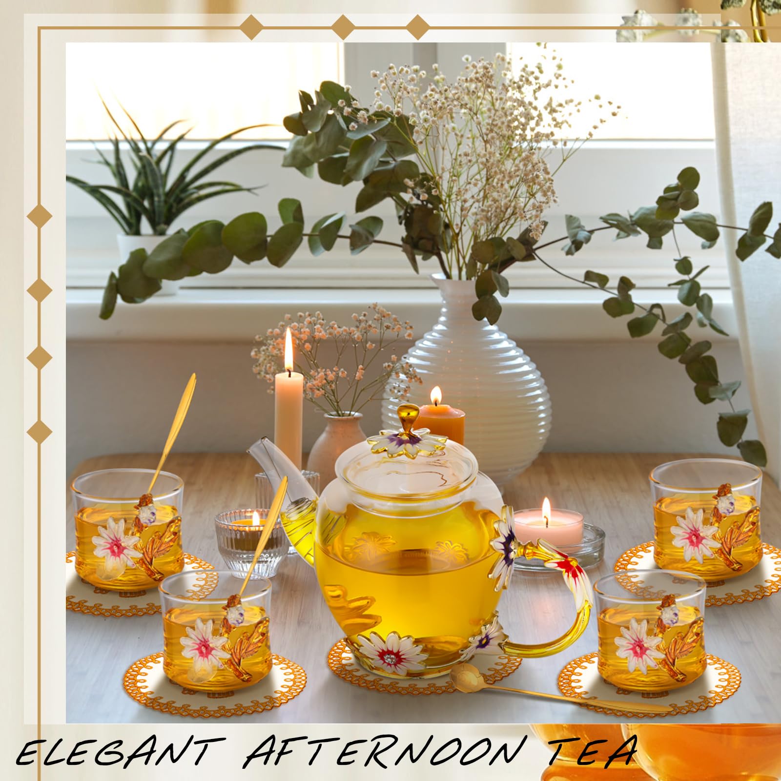 7-teiliges Teeset mit Blumenmotiv für Frauen, Vintage-Blumen-Teekannen-Set mit Geschenk-Box, Glas-Teekessel-Set, Glas-Teekanne, ausgefallene Teetasse, Blumen-Glastasse mit Untersetzern für