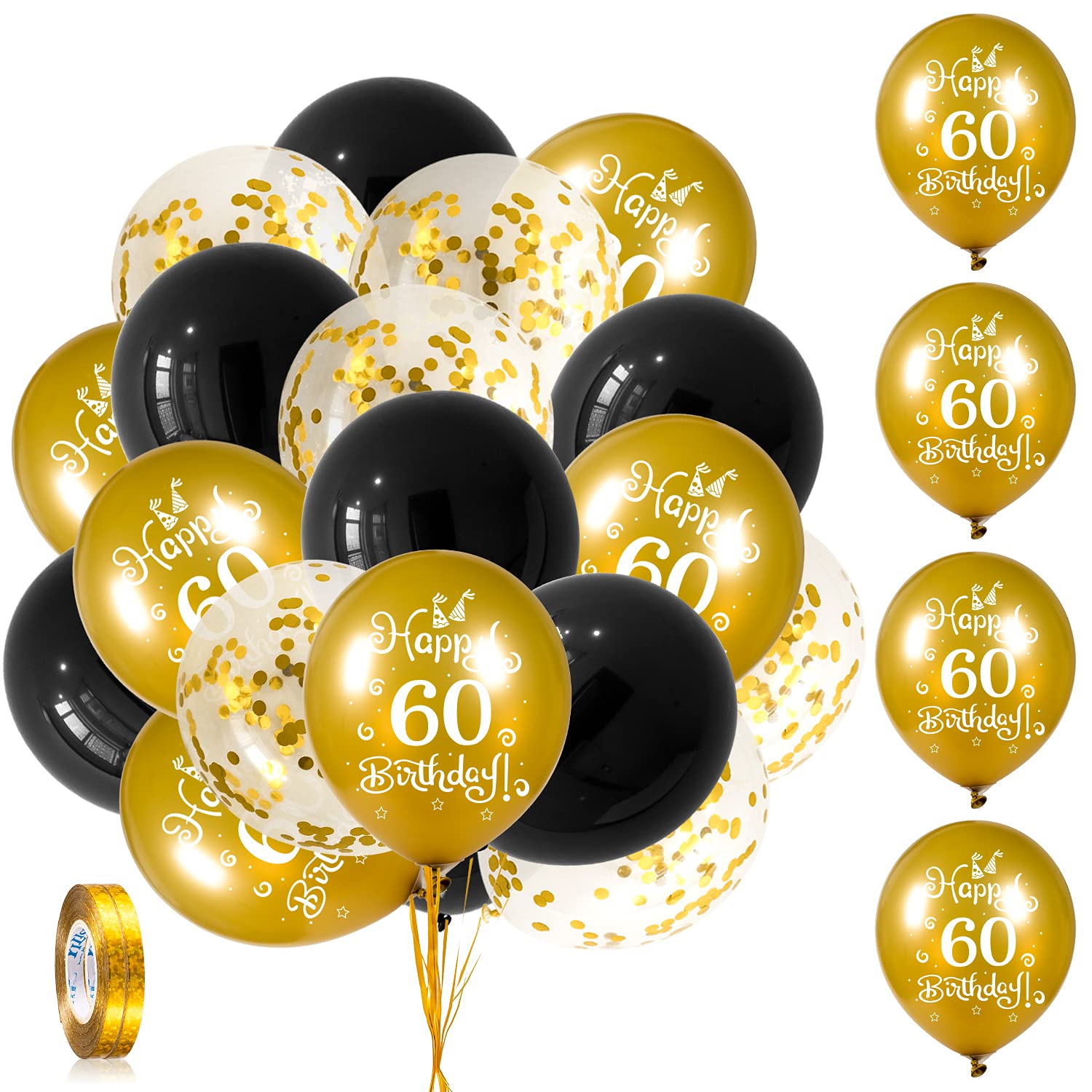 Whaline 60th Birthday Balloons Set 24pcs Black Gold Latex Balloon ...