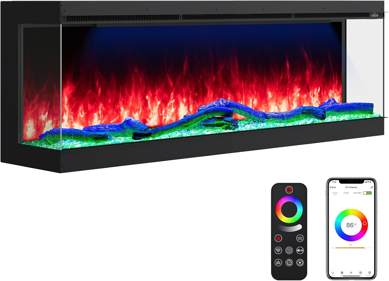 60-Inch Smart 3-Sided Electric Fireplace, App & Remote Controlled Wall Insert with 251 RGB Flame Colors, 1500W/750W Recessed Heater for Large Rooms up to 400 sq ft, ETL Certified