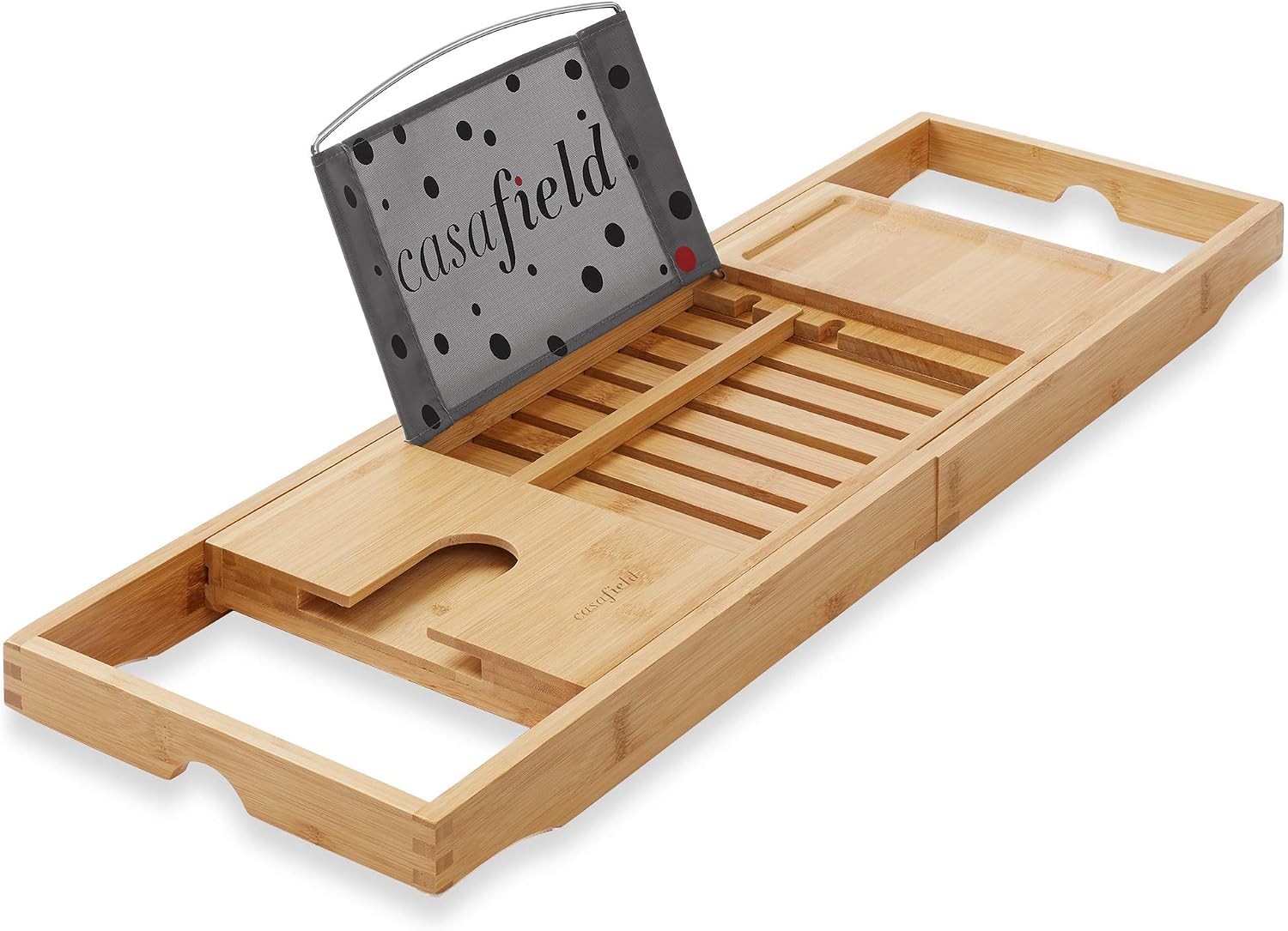 Casafield Bamboo Bathtub Caddy - Luxury Expandable Bath Tray - Adjustable Tub Organizer Holder for Tablet, Book, Phone, Wine Glass, Candles, and Soap
