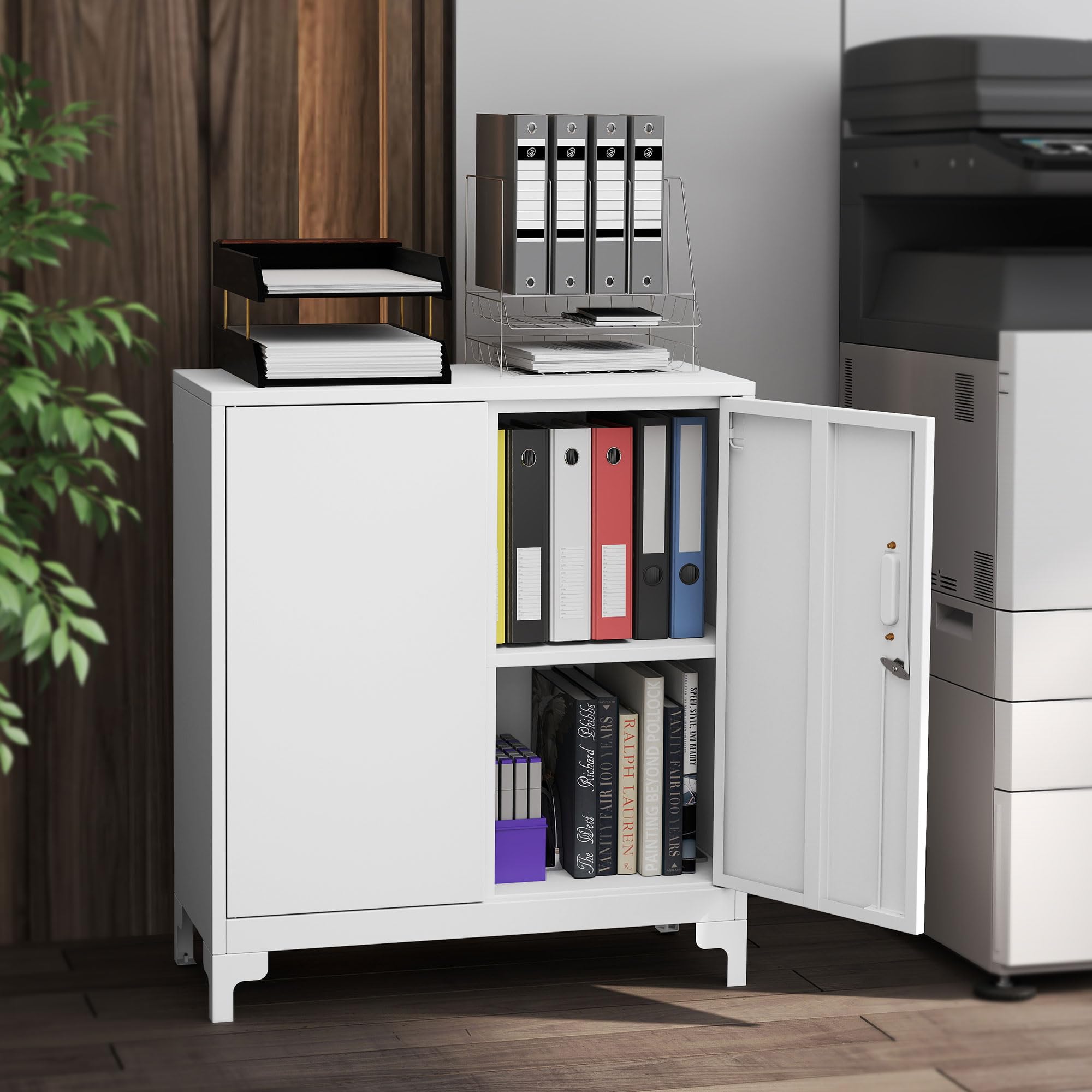 HOMCOM Aktenschrank Büroschrank Abschließbar Mehrzweckschrank mit 2 Ebenen, 2 Türen, Metallschrank Aufbewahrungsschrank Allzweckschrank 80 x 35 x 91 cm Weiß