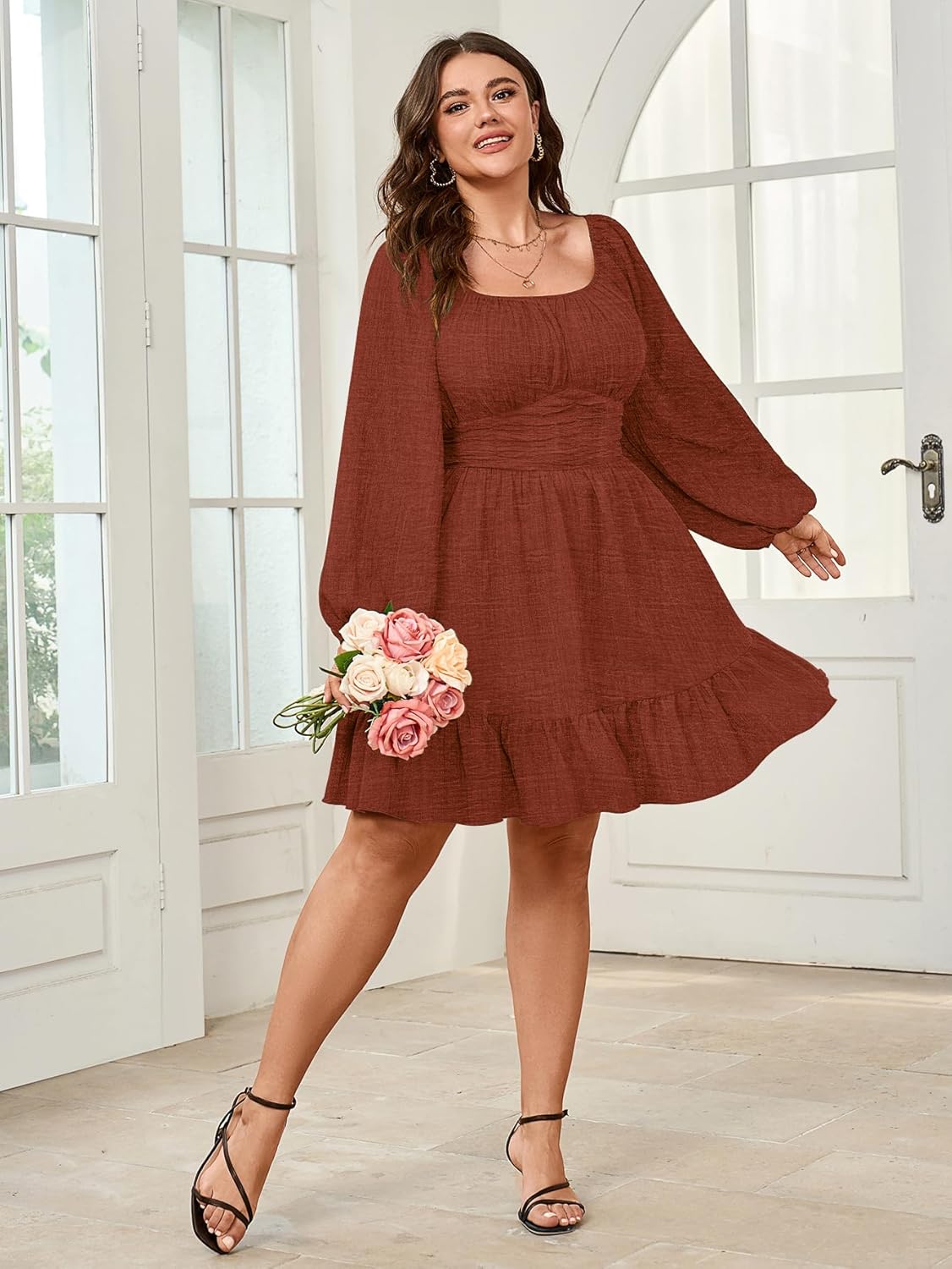 Womens Plus Size Dress Casual Long Lantern Sleeve Square Neck Textured Ruffle Flowy Ruched A-Line Mini Dresses for Women - Image 4