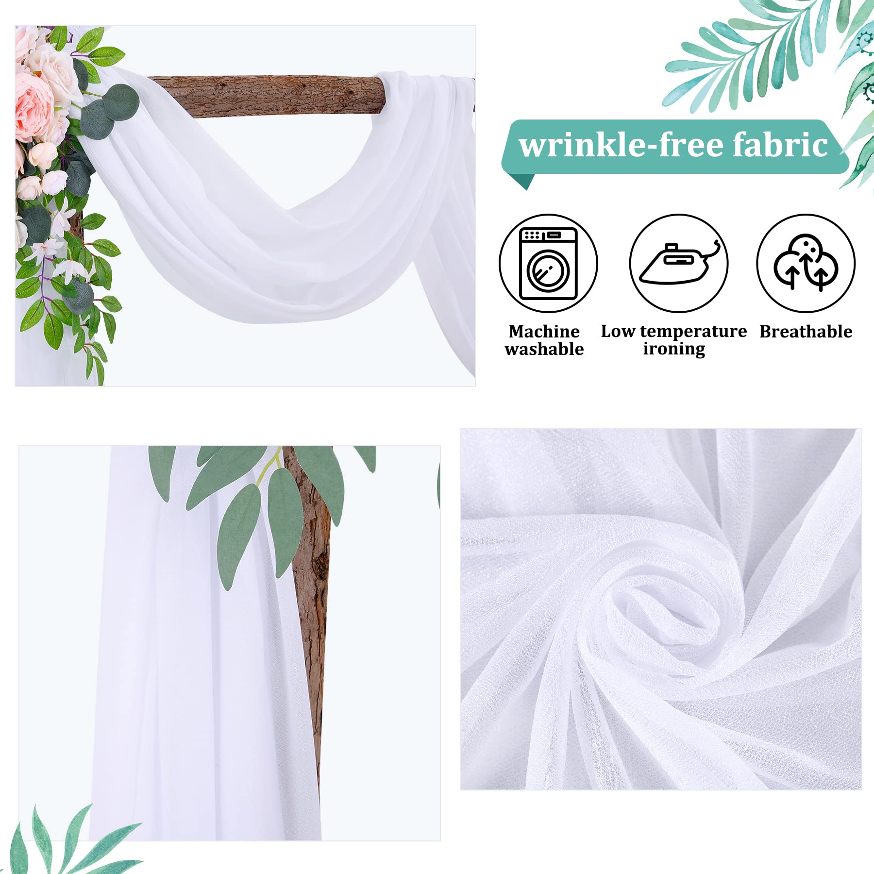 Vorhang für Hochzeitsbögen, Drapierstoff, weiß, 4 Paneele, transparenter Hintergrund, Vorhang für Zeremonie, Hochzeitsbögen, Dekoration, 4,8 m Länge x 71,1 cm Breite