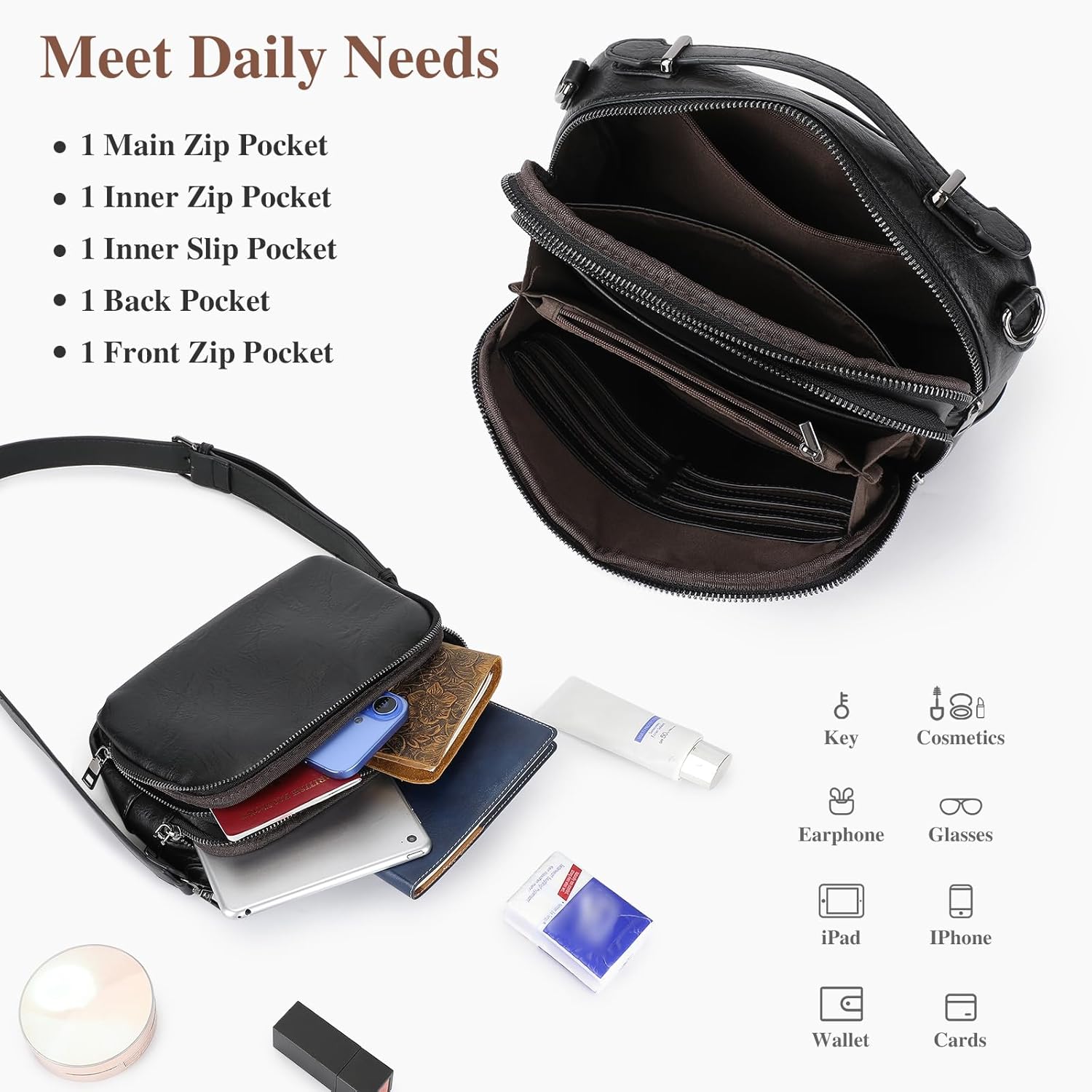 Crossbody Bags for Women, Vegan Leather Crossbody Handbag with Top Handle, Adjustable Strap Travel Purse with Built in Wallet - Image 5